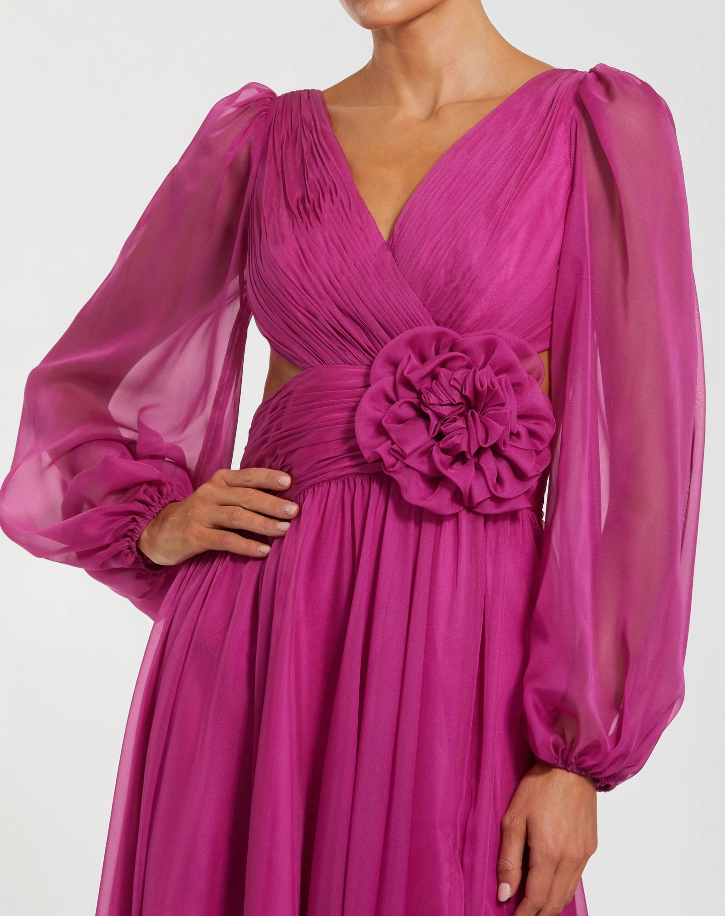 Pink Long Sleeve V-Neck Chiffon Gown With 3D Flower