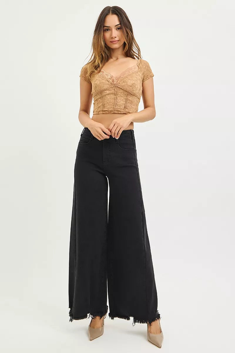 Hazel Blues® | RISEN Tummy Control High Rise Palazzo Leg Frayed Hem Jeans