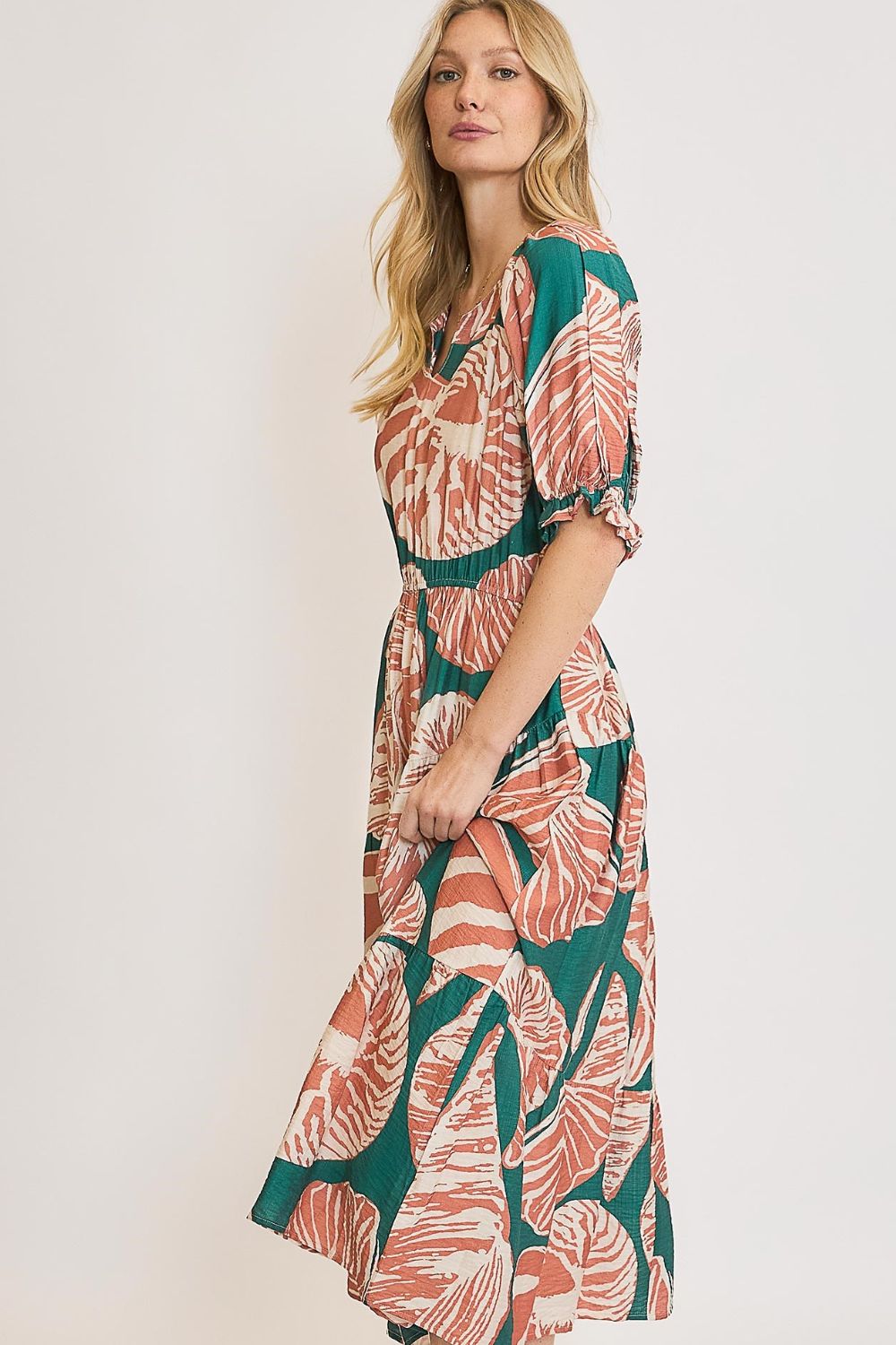 Hazel Blues® | Umgee Printed Notched Puff Sleeve Midi Dress