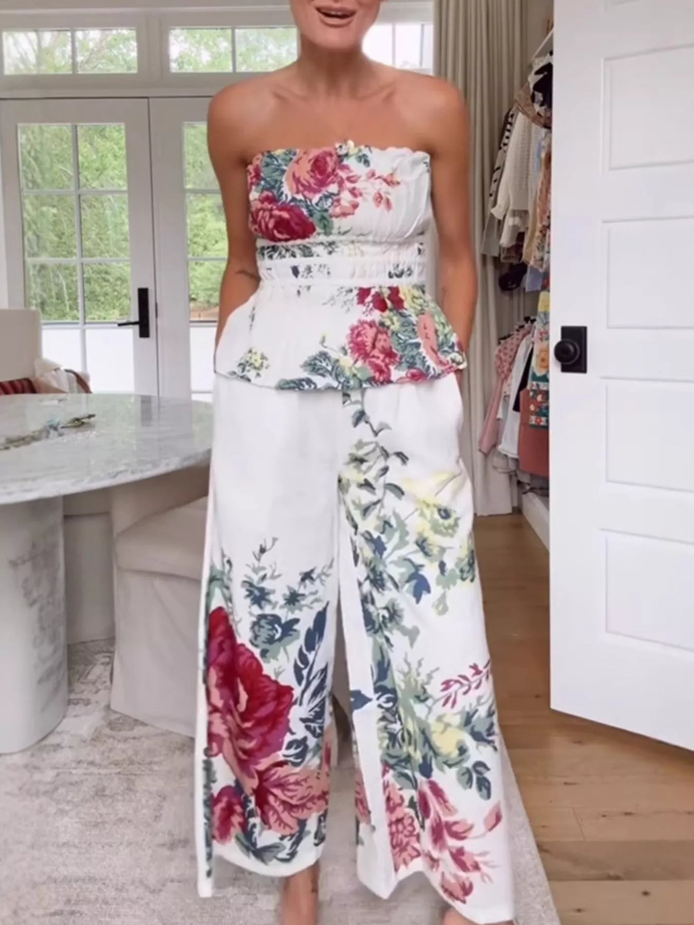 Hazel Blues® | Floral Print Strapless Top and Wide-Leg Pants Set