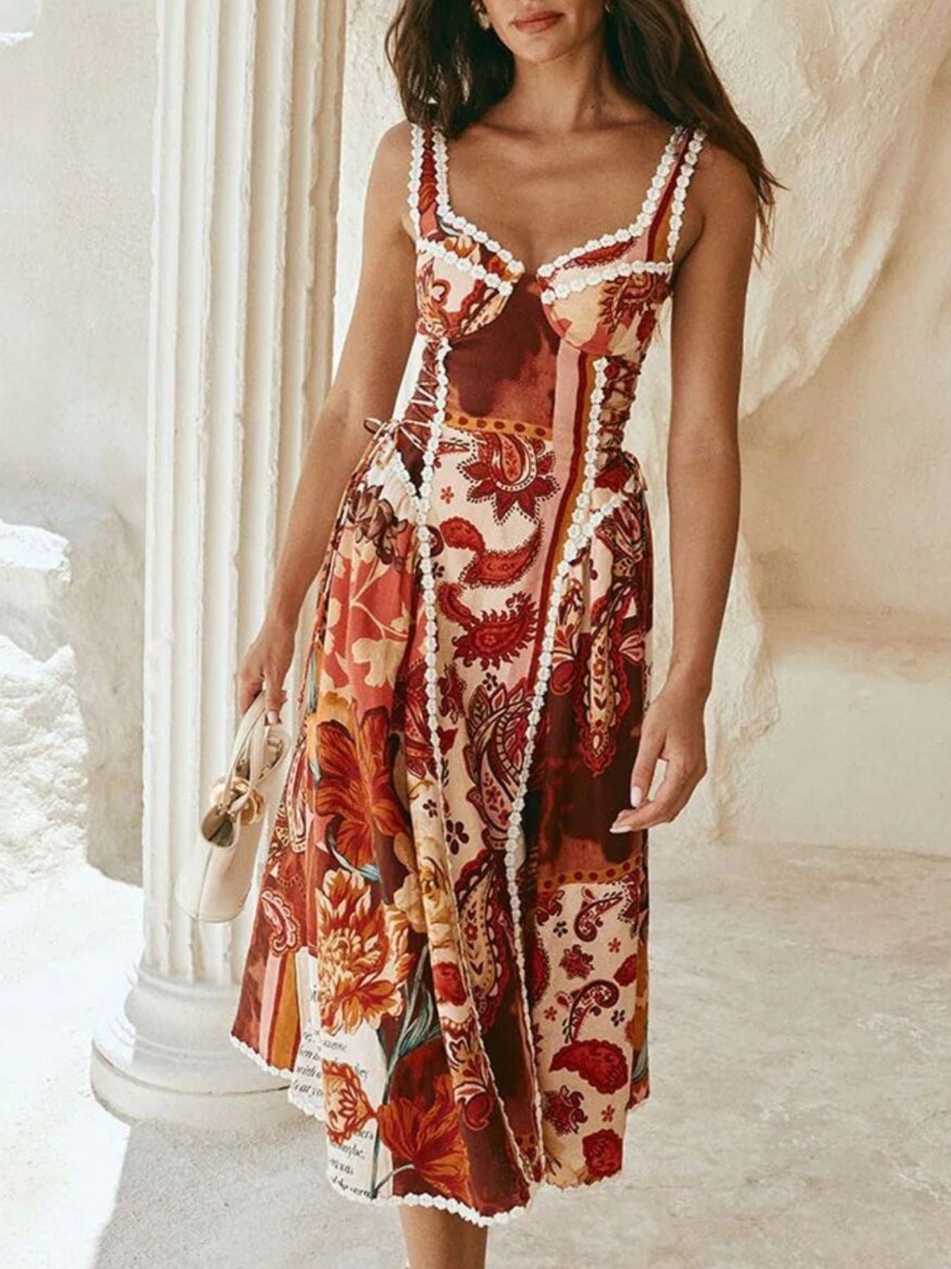 Hazel Blues® | Vintage Paisley Print Lace Trim Midi Dress