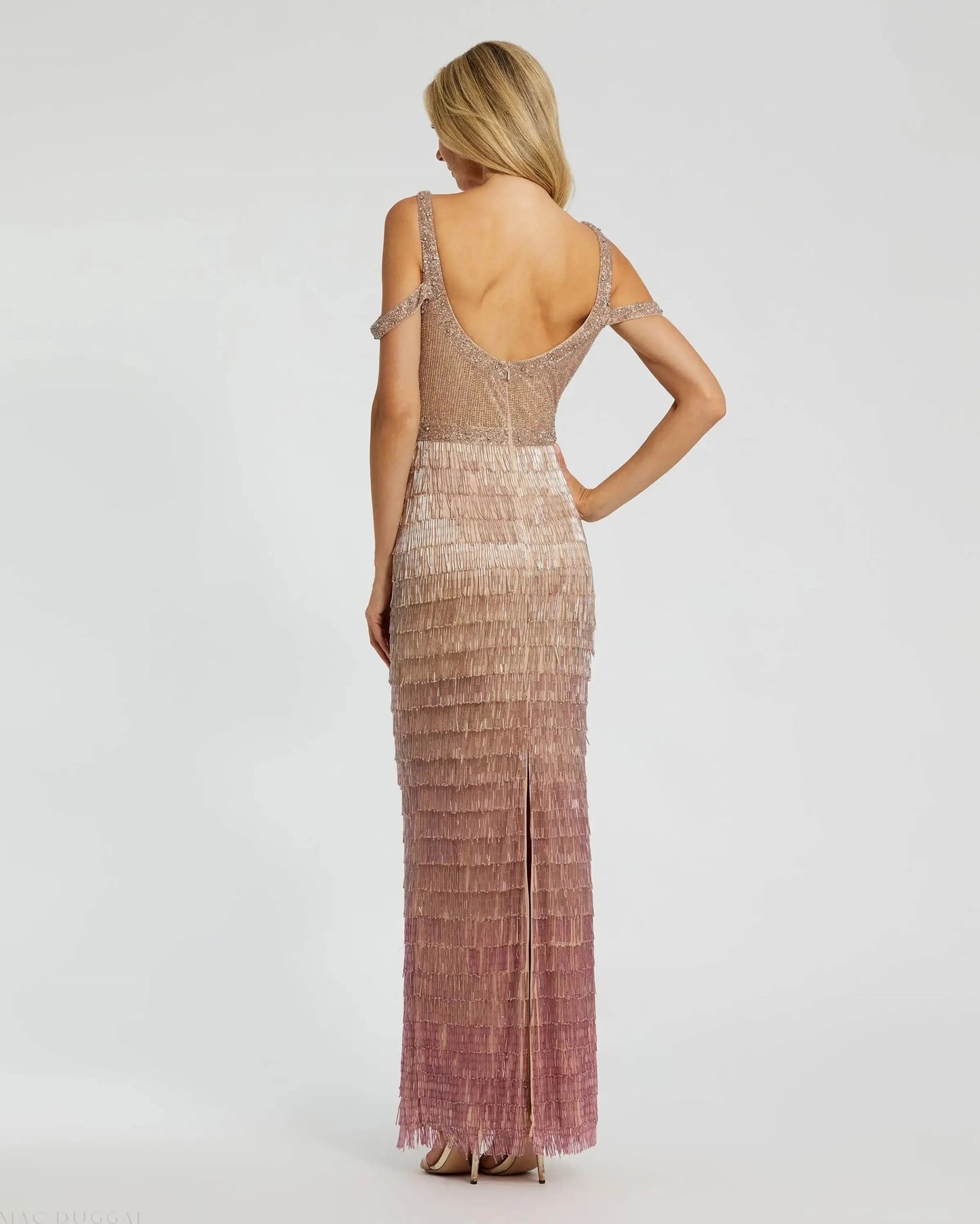 Pink Scoop Neck Embellished Fringe Ombre Gown