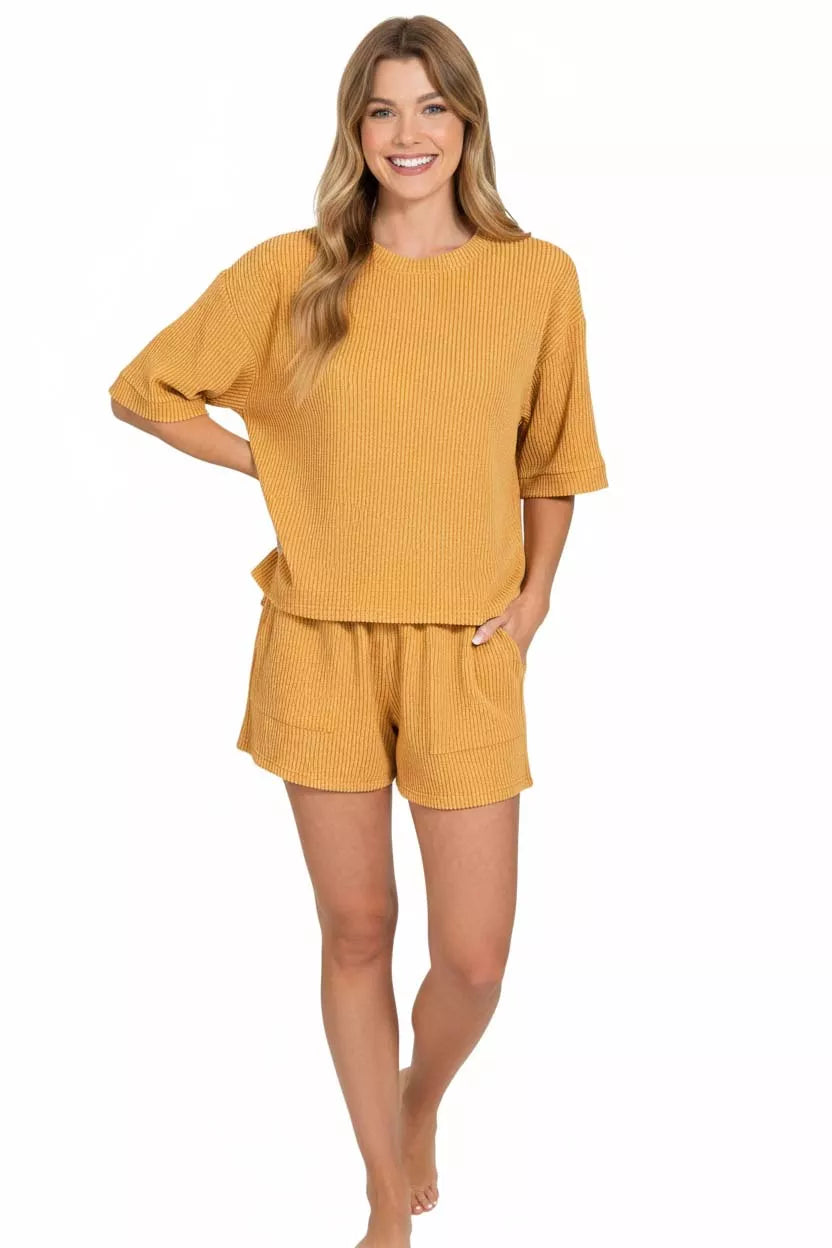 Hazel Blues® | Zenana Raised Rib Short Sleeve Tee and Drawstring Shorts Set