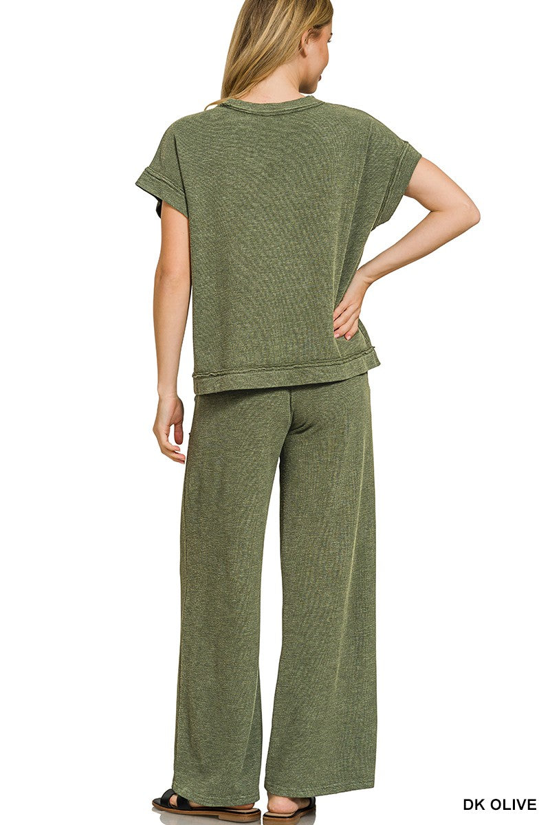 Hazel Blues® | Zenana Washed Slub Short Sleeve Tee & Long Pants Set