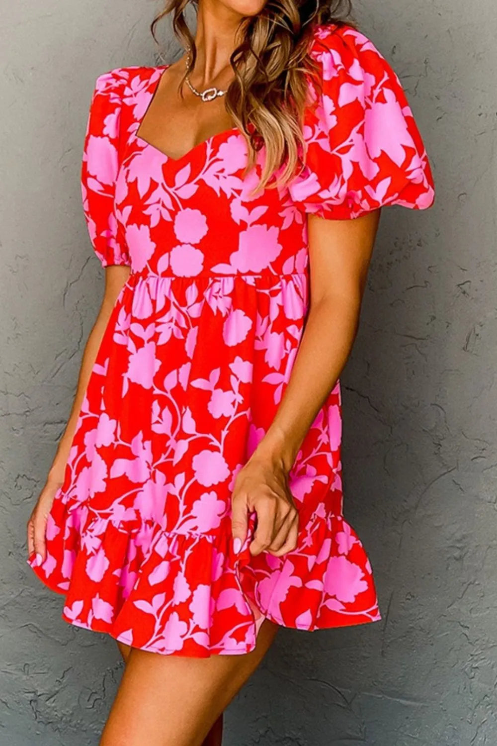 Hazel Blues® | Floral Puff Sleeve Sweetheart Neck Ruffled Mini Dress