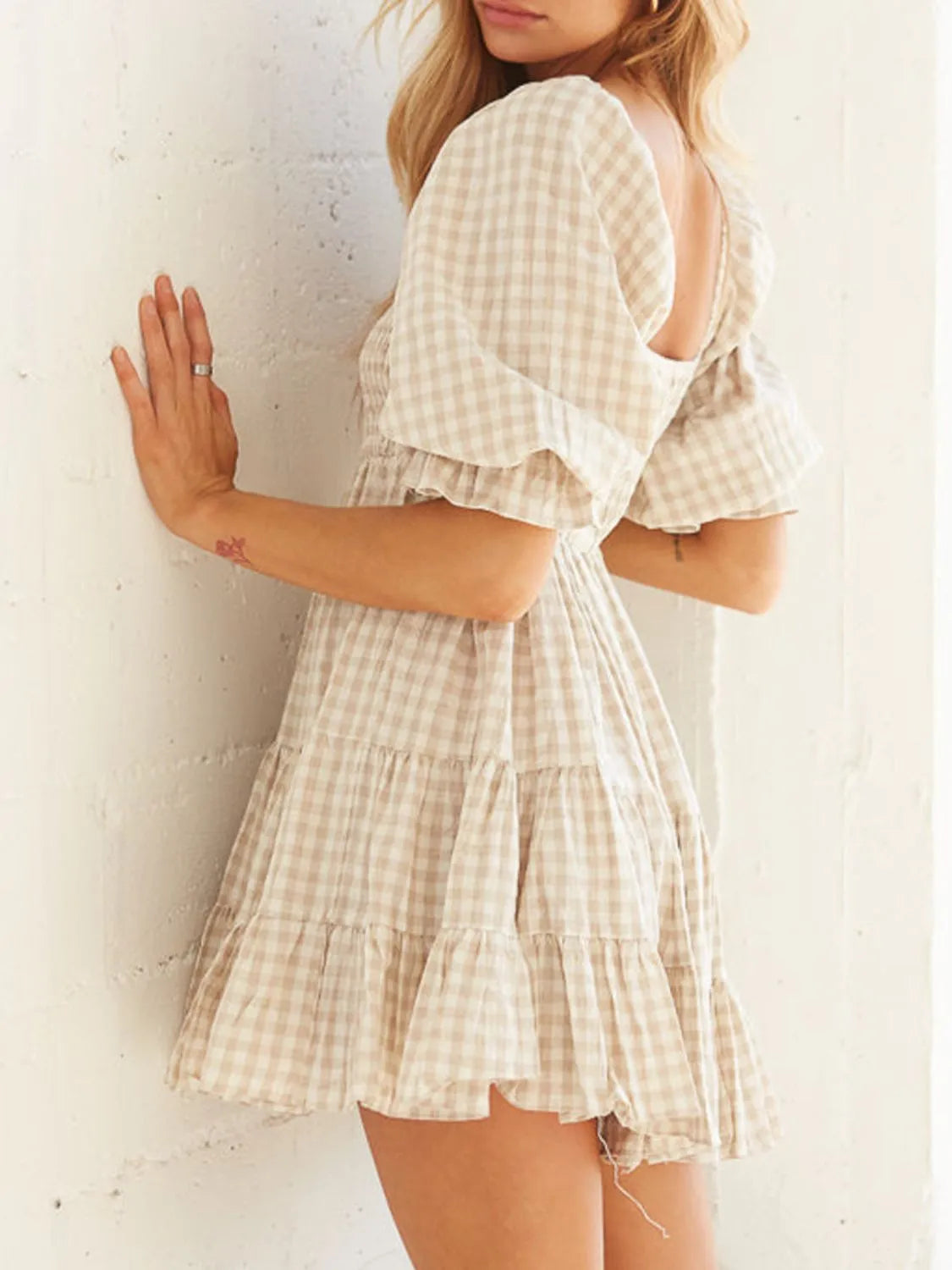 Hazel Blues® | Ruffled Hem Plaid Half Sleeve Mini Dress
