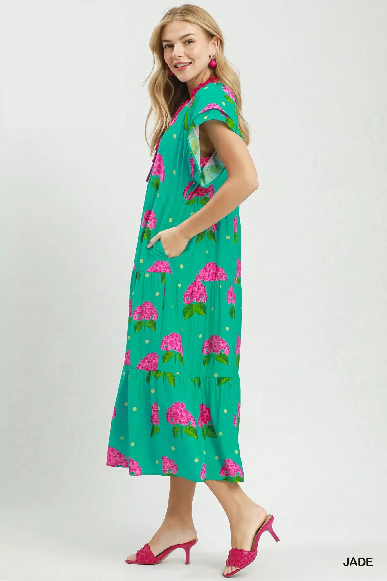 Hazel Blues® | Umgee Hydrangea Print Tiered Midi Dress