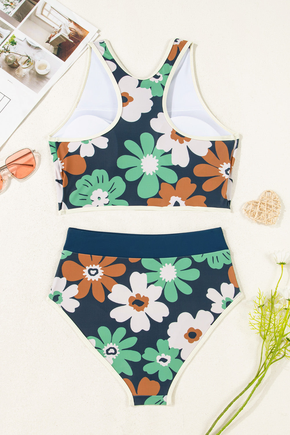 Hazel Blues® | Blue Flower Zip up Racerback High Waisted Bikini