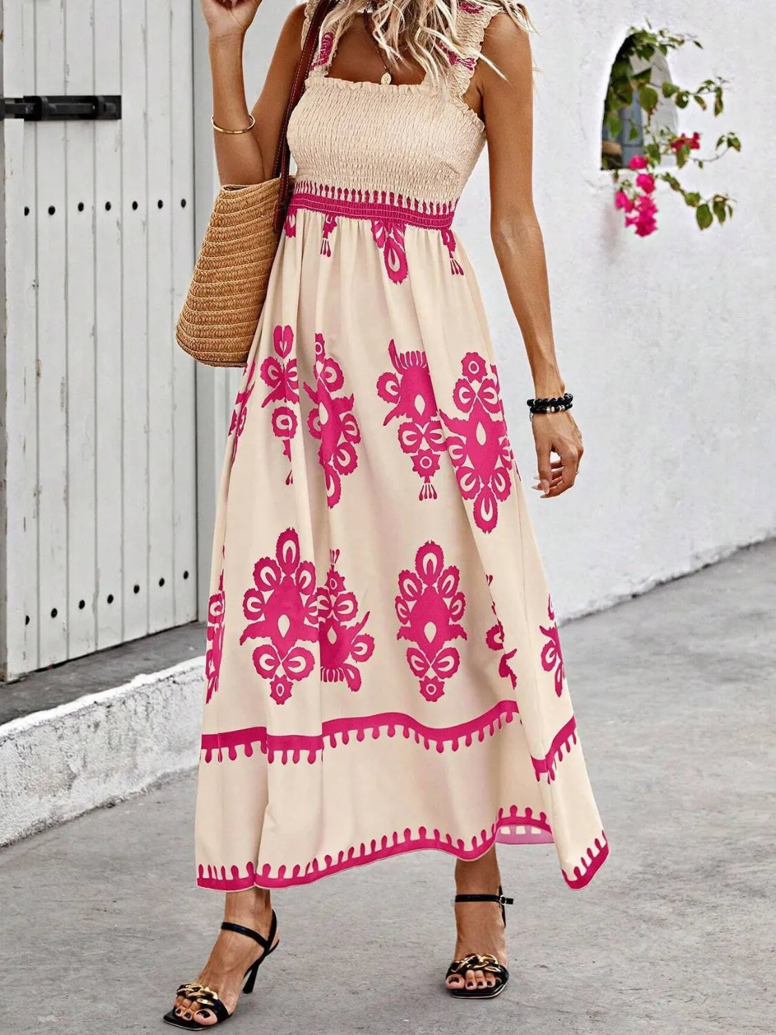Hazel Blues® | Smocked Printed Wide Strap Maxi Dress
