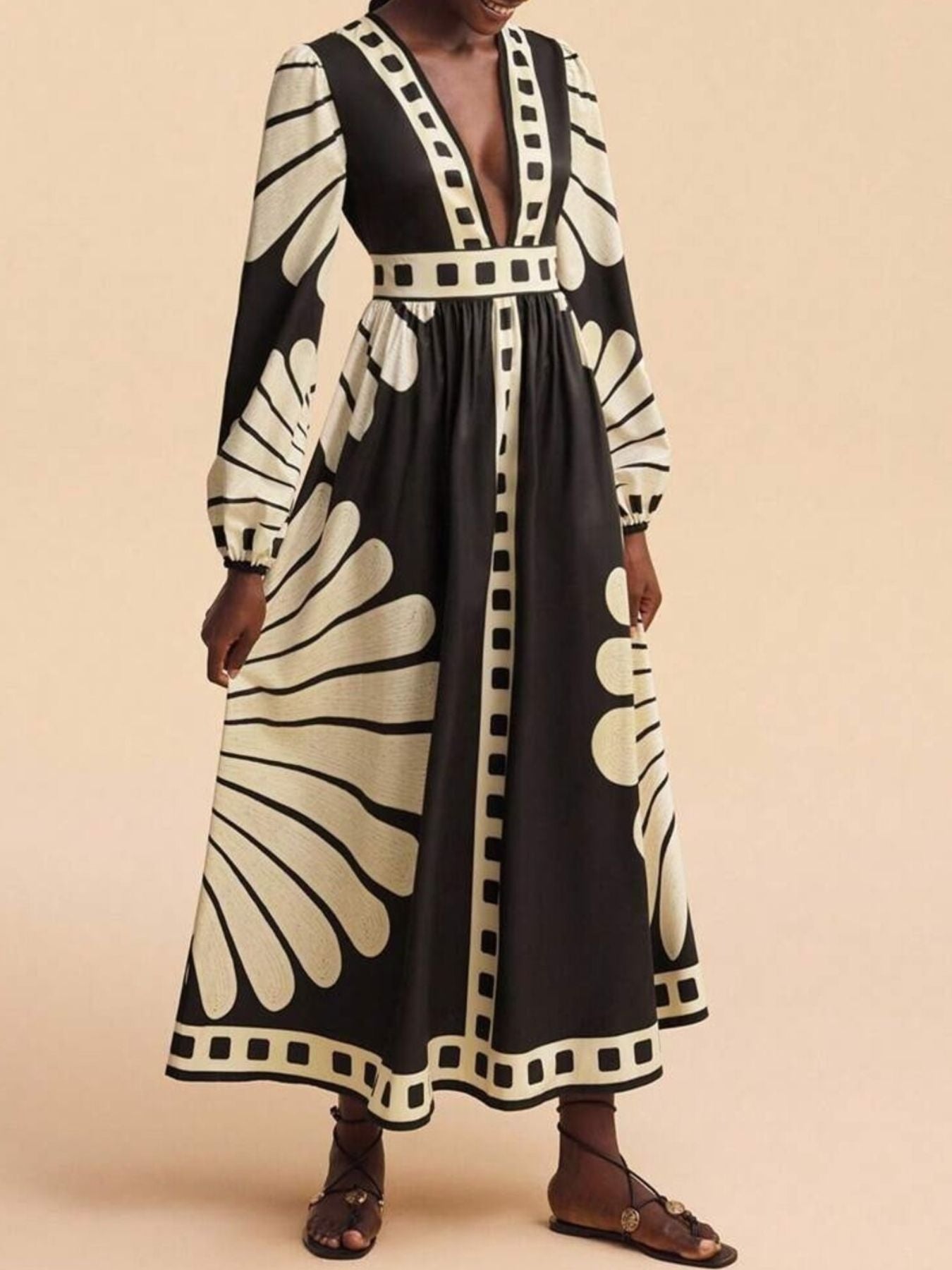 Hazel Blues® | Printed Deep V-Neck Long Sleeve Dress