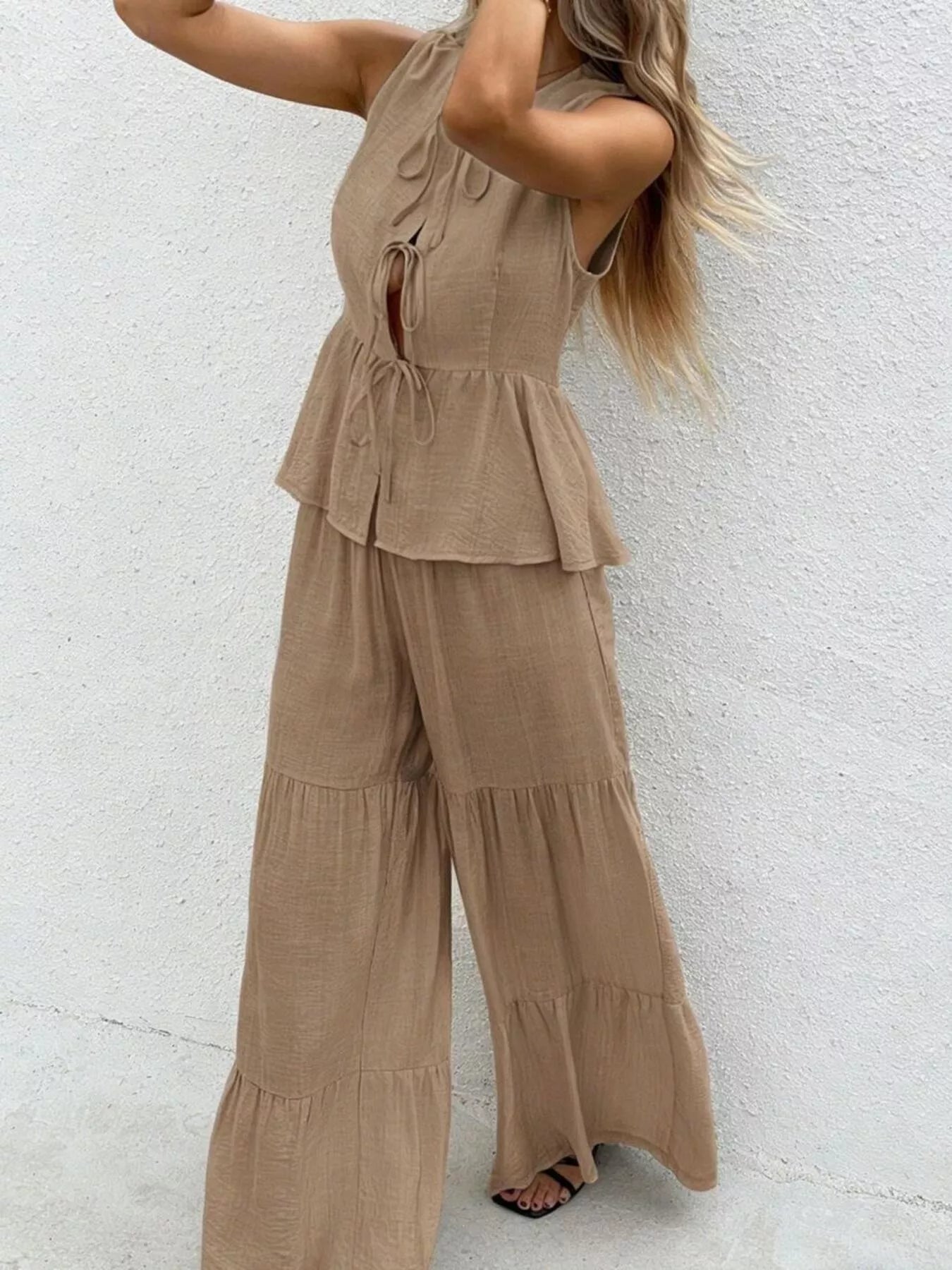 Hazel Blues® | Sleeveless Tie-Front Top and Wide Leg Pants Set