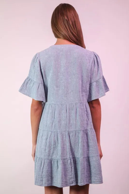 Hazel Blues® | VERY J Mineral Washed Baby Bell Sleeve Woven Mini Dress