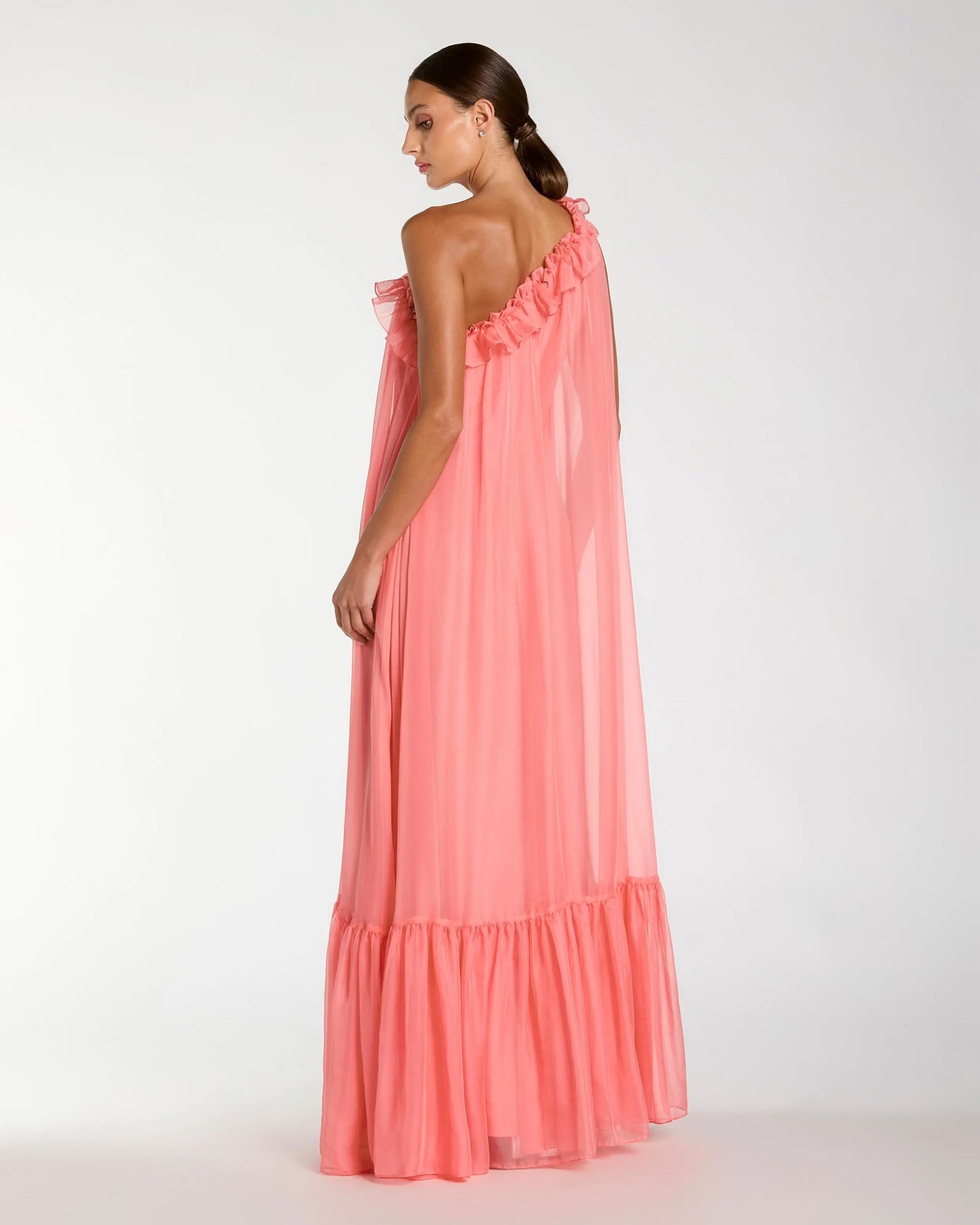 Pink One Shoulder Chiffon Gown With 3D Rosette