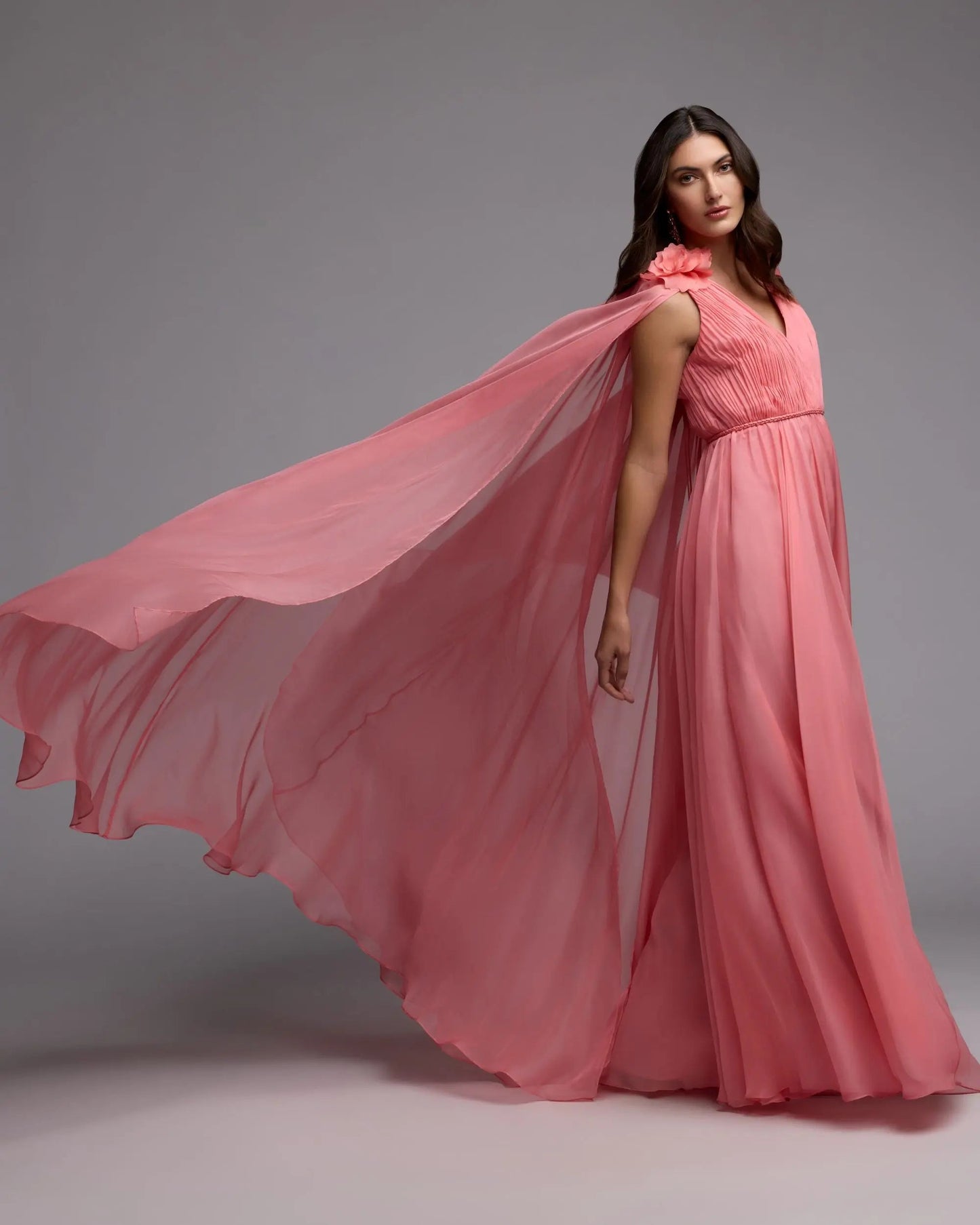 Pink Chiffon V-Neck Gown With Cape Sleeves