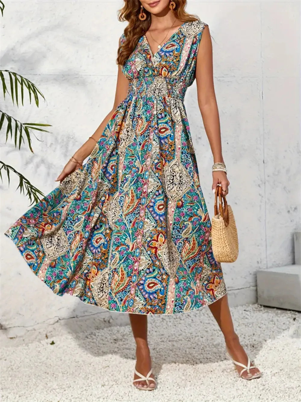 Hazel Blues® | Smocked Printed Surplice Sleeveless Midi Dress