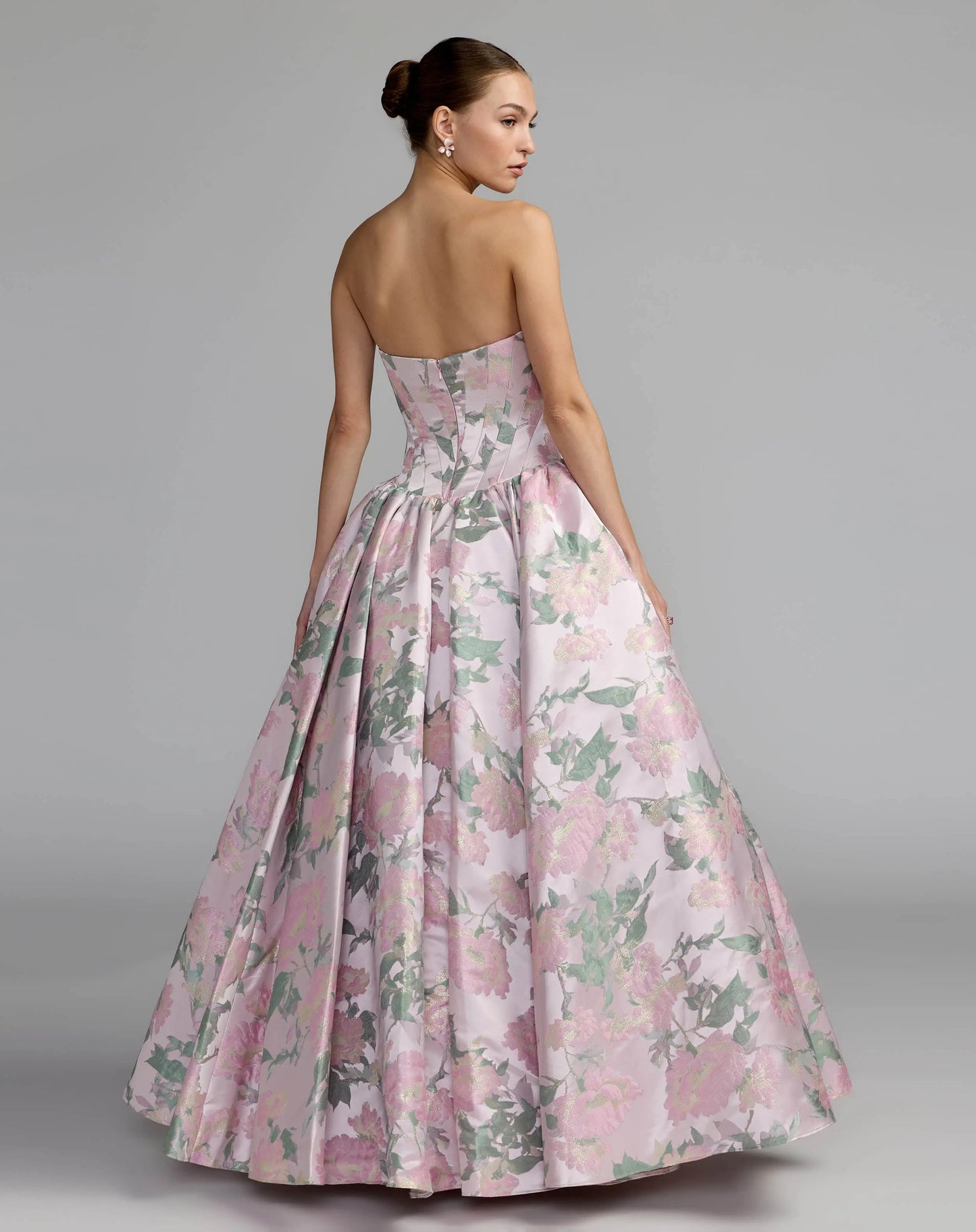 Pink Floral Strapless Ball Gown With Pockets