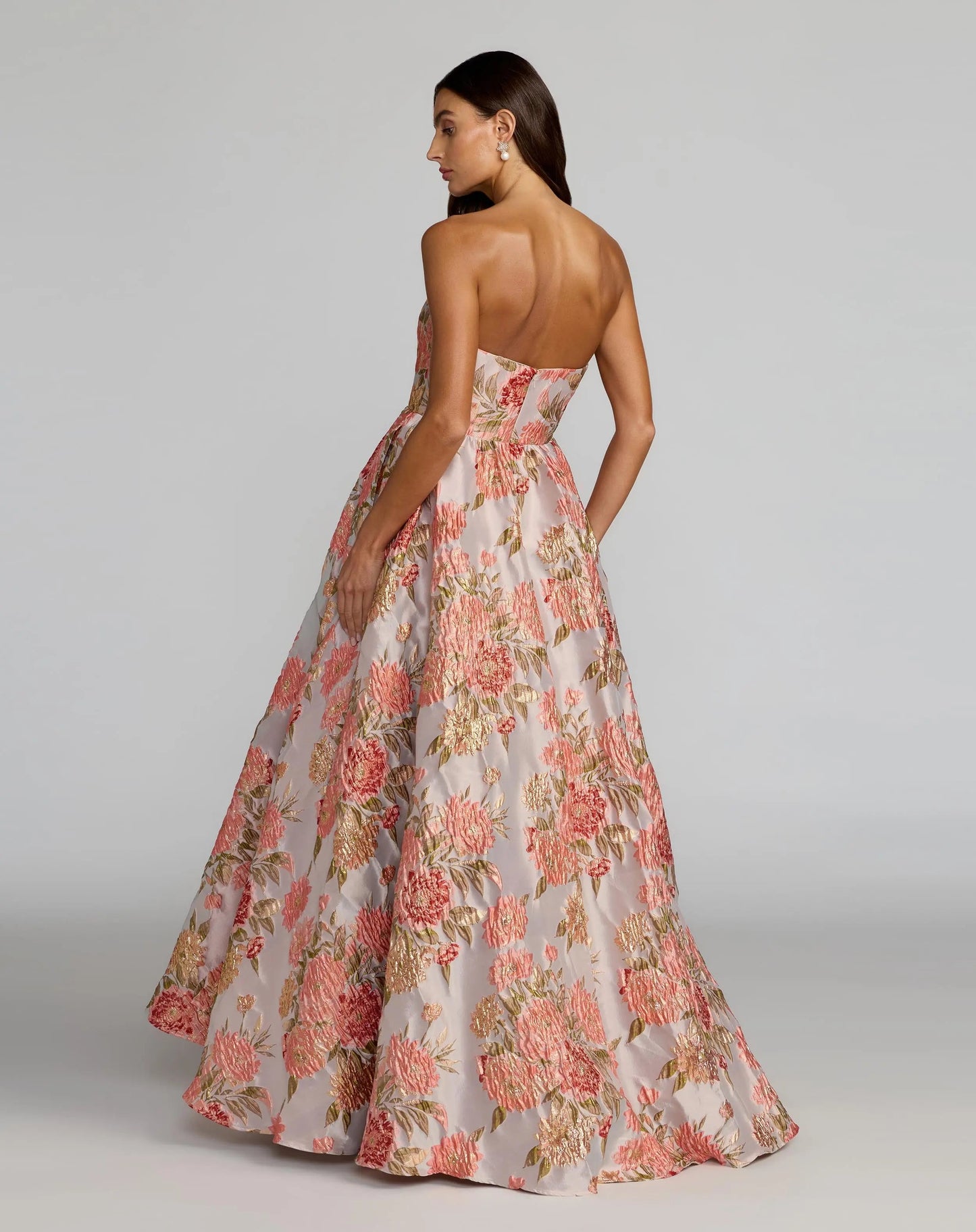 Pink Strapless Floral Brocade Ball Gown With Pockets