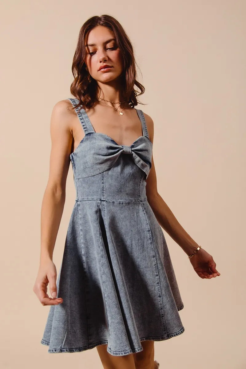 Hazel Blues® | SO ME Mineral Washed Bow Ribbon Denim Flare Dress