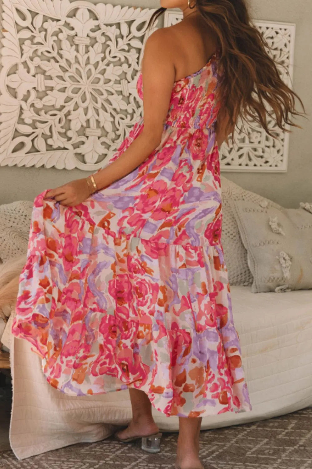 Hazel Blues® | Floral Print Shirred One Shoulder Maxi Dress