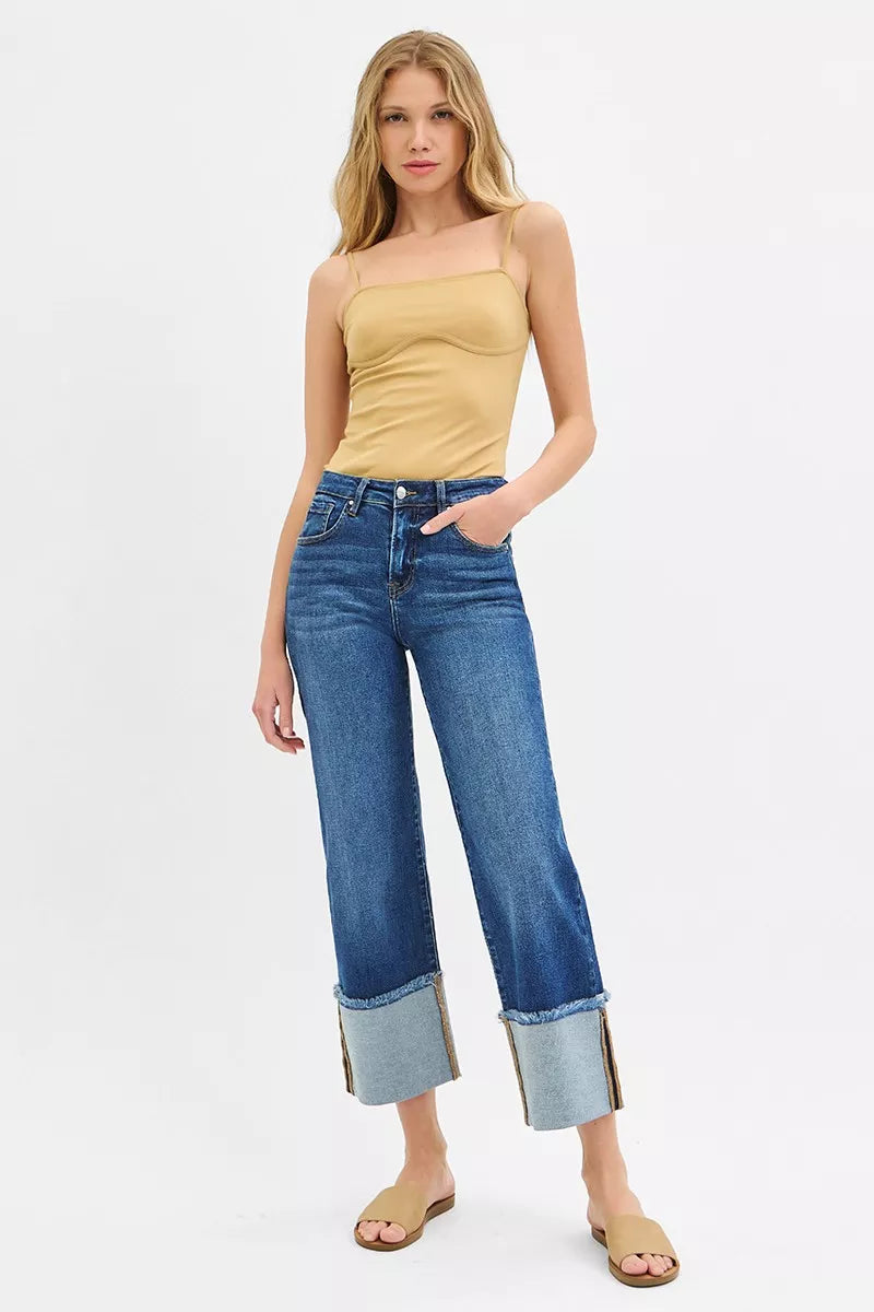 Hazel Blues® | RISEN Mid Rise Crop Wide Wide Cuffed Jeans