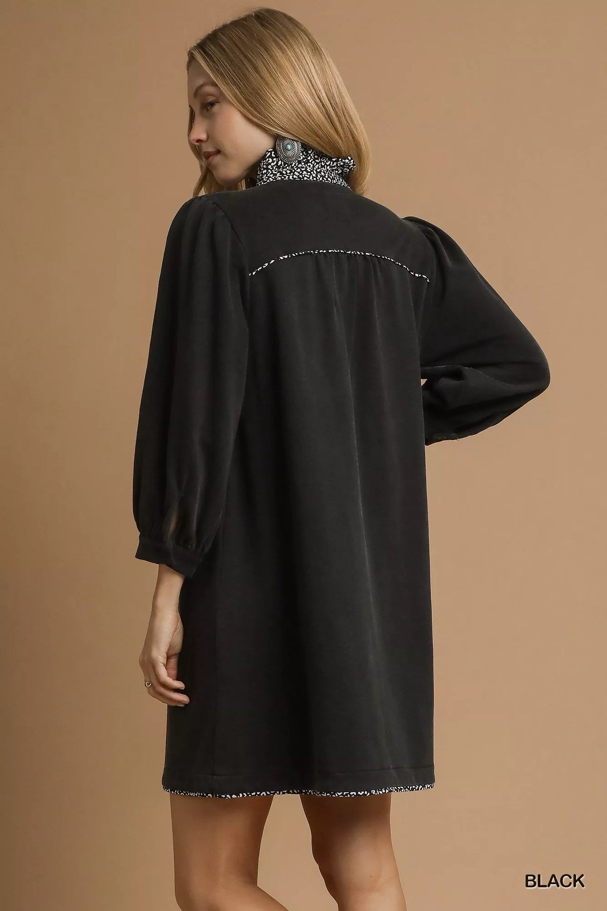 Hazel Blues® | Umgee French Terry Balloon Sleeve Shift Dress with Leopard Print Detail