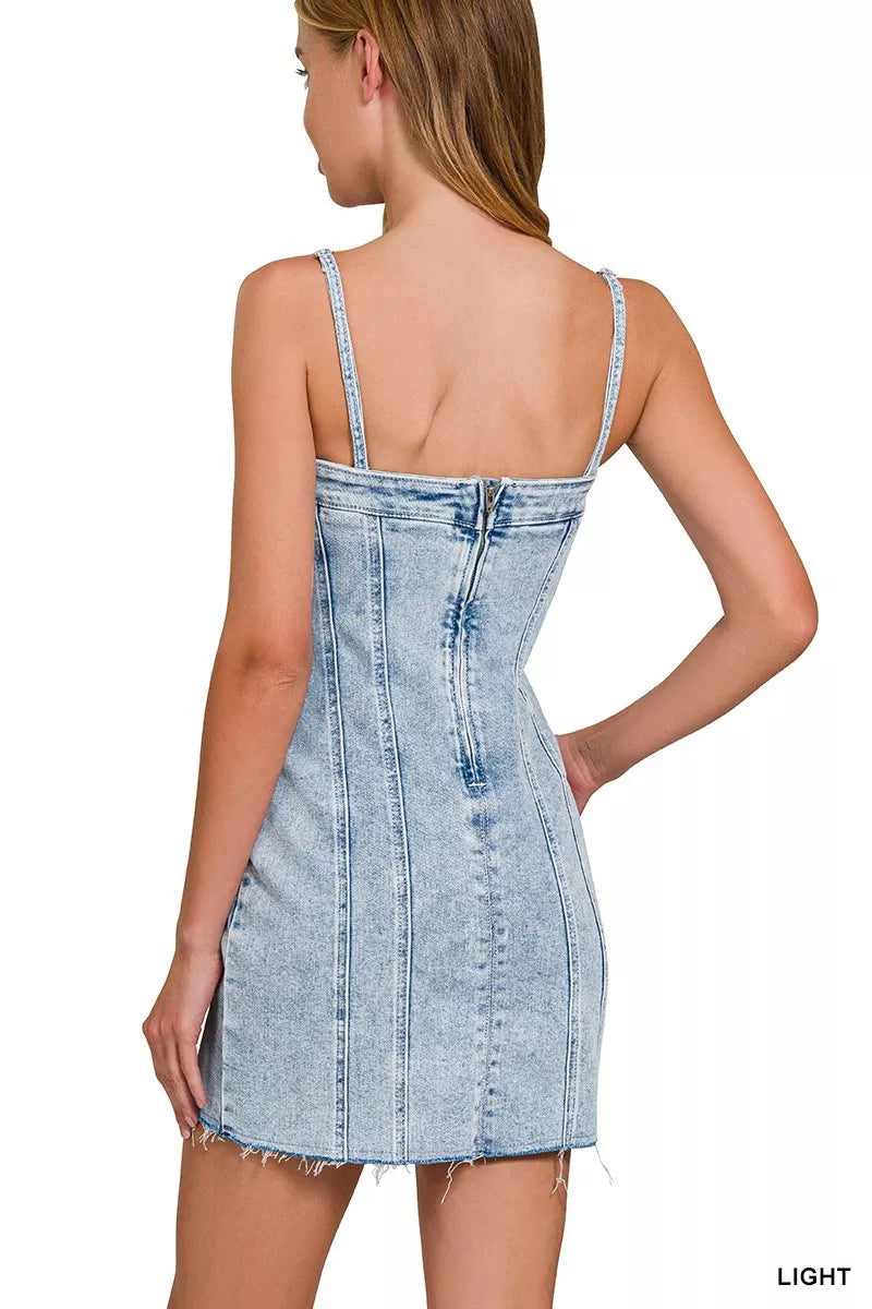 Hazel Blues® | Zenana Spaghetti Strap Exposed Seam Light-Wash Dress