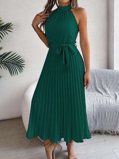 Hazel Blues® | Grecian Neck Tie Waist Pleated Dress