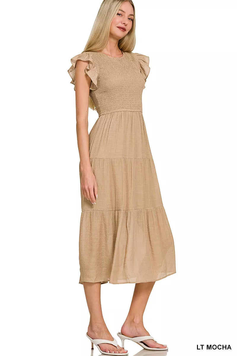 Hazel Blues® | Zenana Woven Smocked Ruffle Sleeve Midi Dress