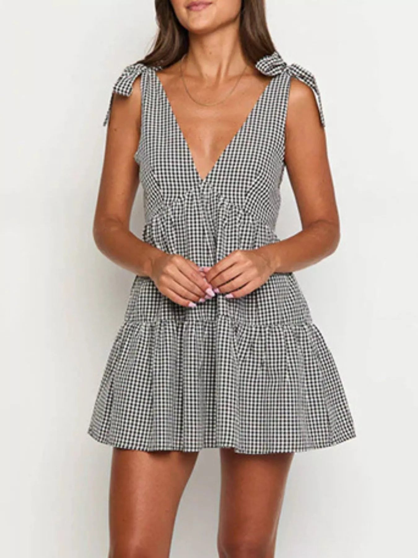 Hazel Blues® | Gingham Tie-Shoulder Mini Dress