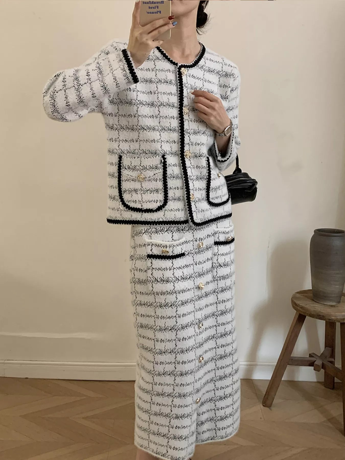 Hazel Blues® | Tweed Contrast Trim Jacket and Skirt Set