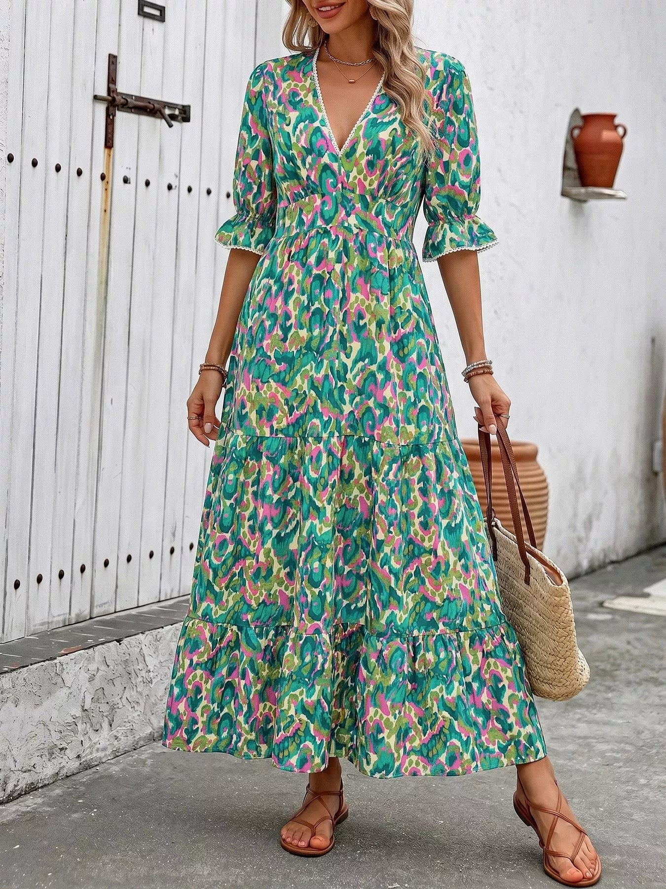 Hazel Blues® | Printed V-Neck Flounce Sleeve Dress