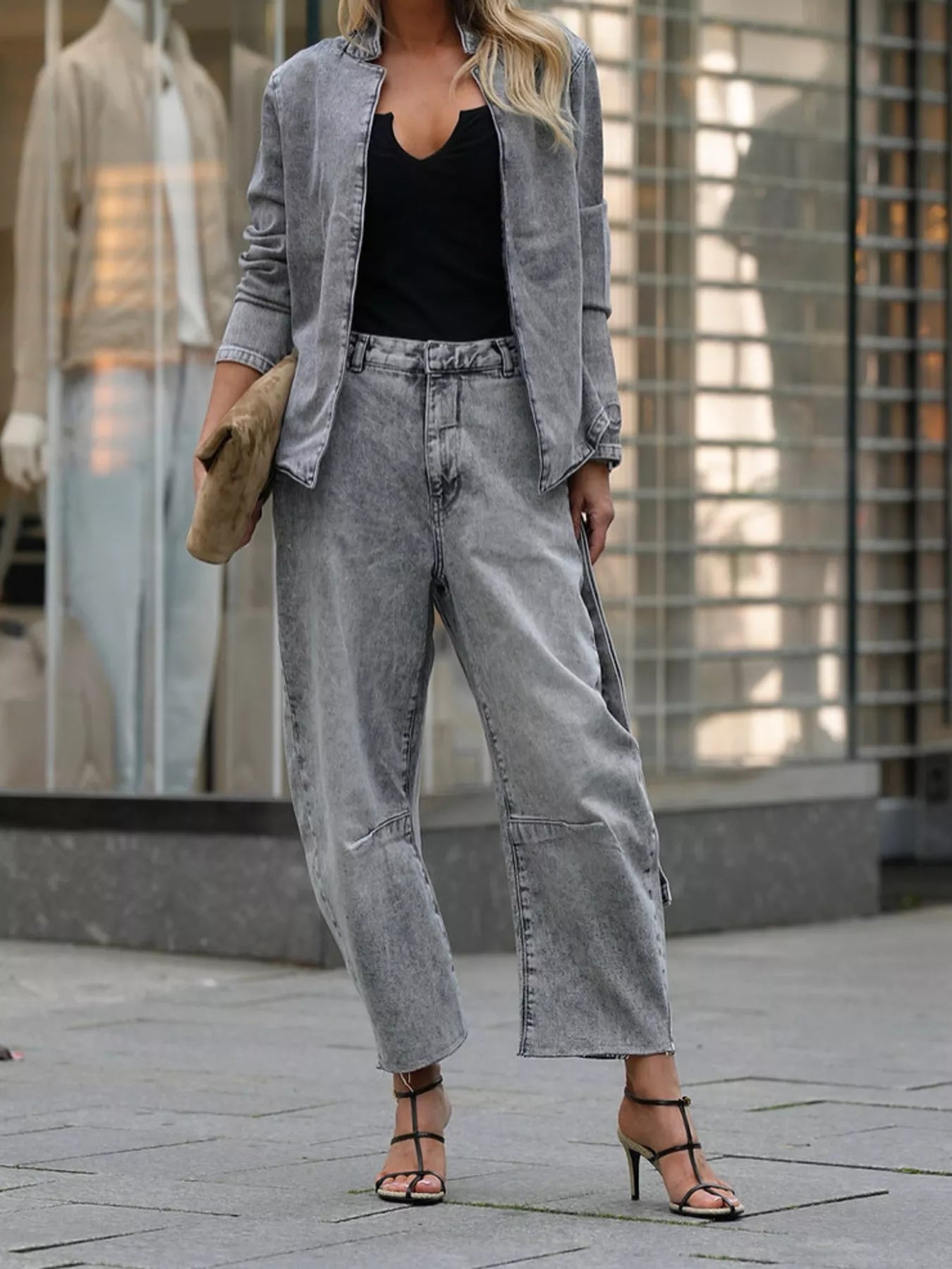 Hazel Blues® | Long Sleeve Top and Wide Leg Jeans Denim Set