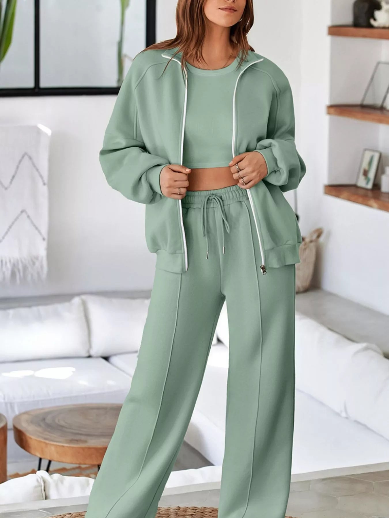 Hazel Blues® | Drop Shoulder Zip Up Jacket and Drawstring Pants Active 2pcs Set