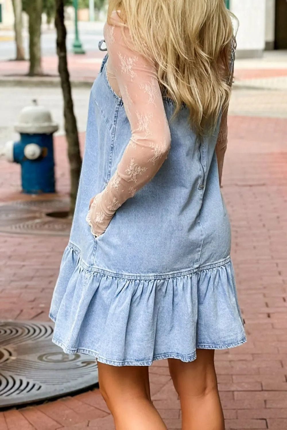 Hazel Blues® | Bow Detail Spaghetti Straps Ruffle Hem Denim Dress
