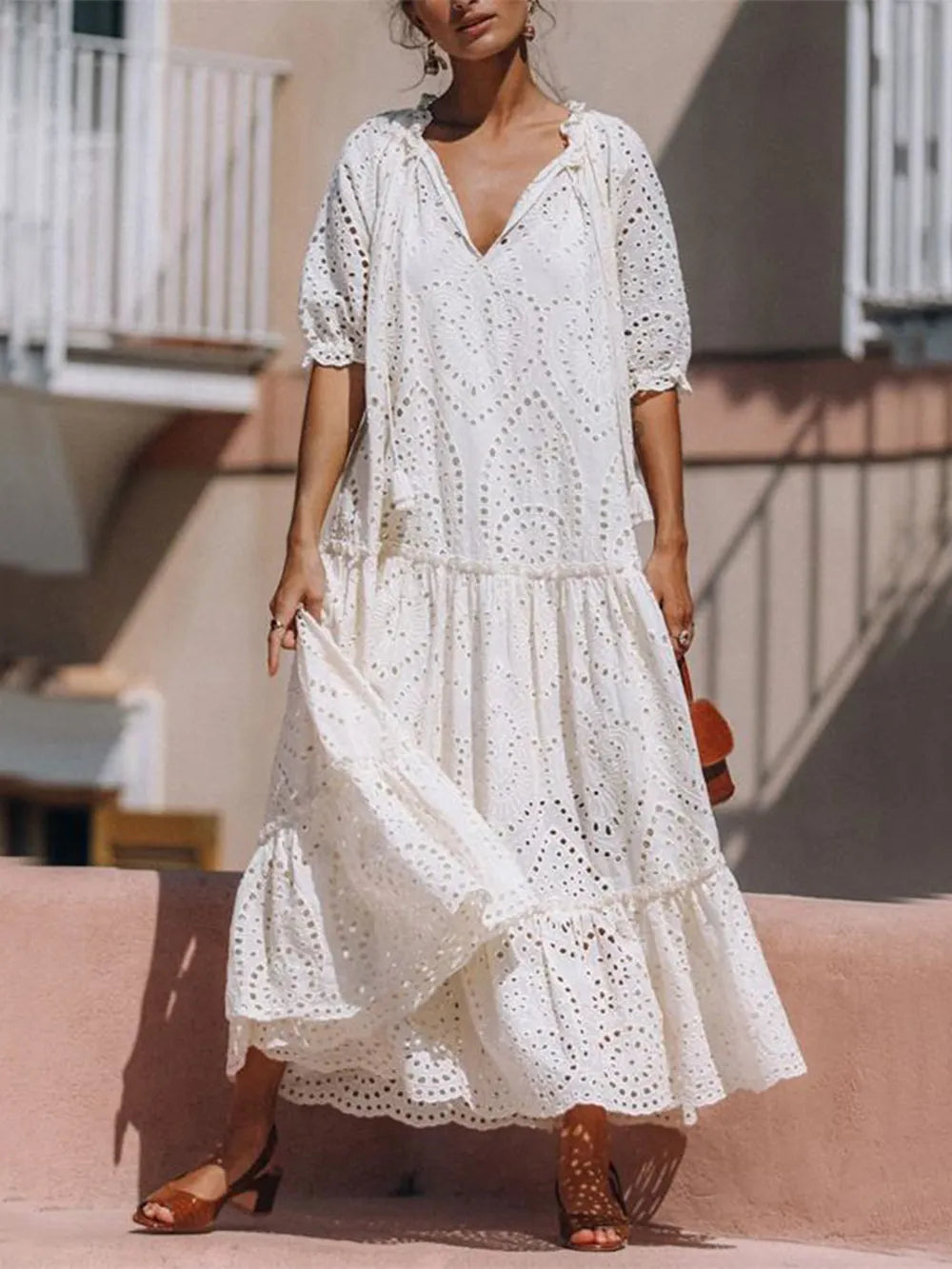 Hazel Blues® | Tie Neck Half Sleeve Tiered Dress