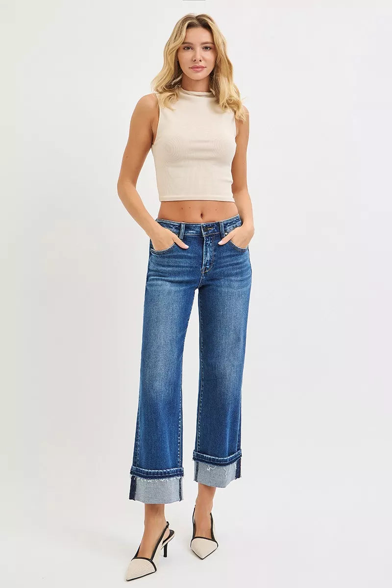 Hazel Blues® | RISEN Mid Rise Ankle Straight Jeans with Cuffed Hem