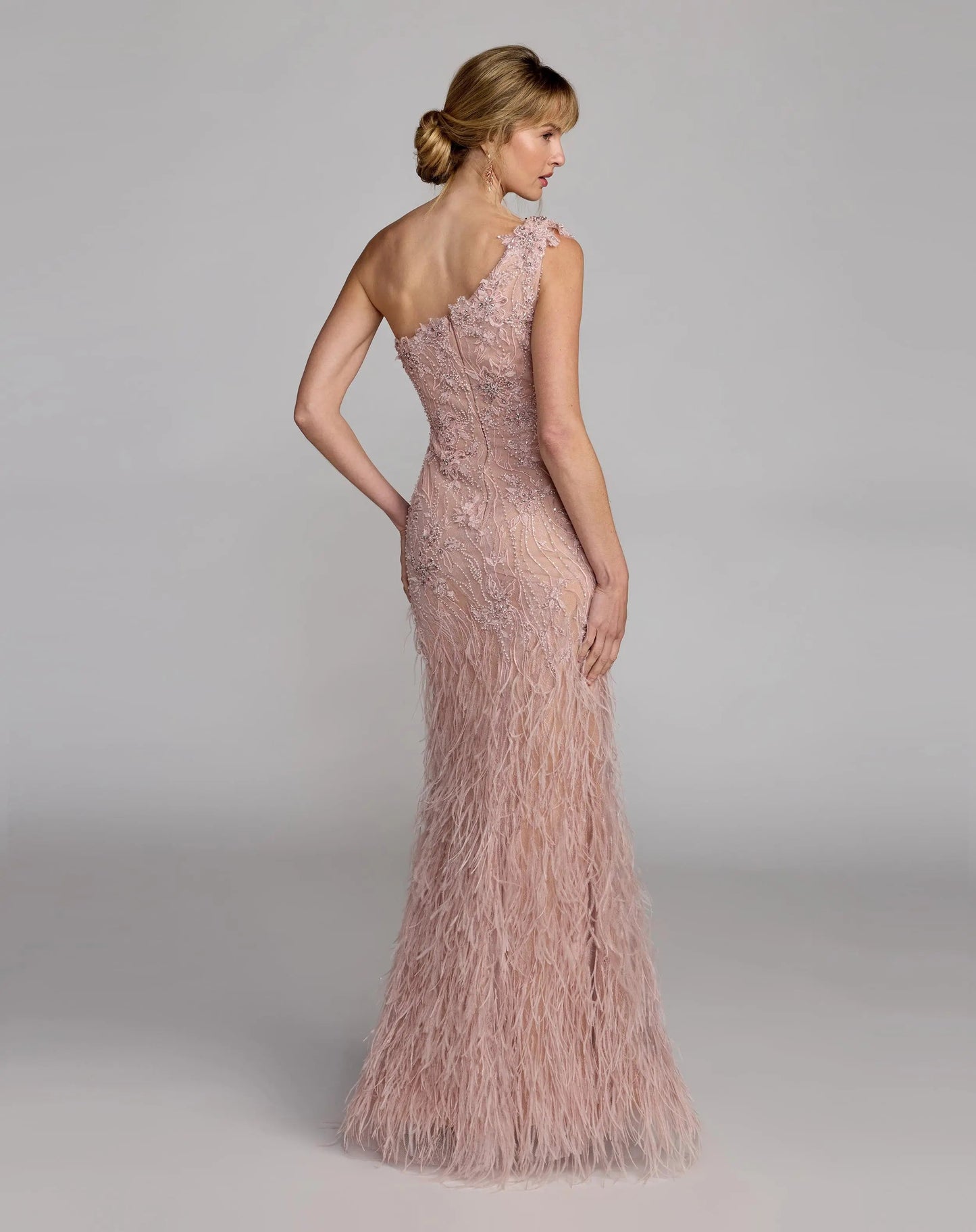 Pink Embellished Lace One Shoulder Feather Gown