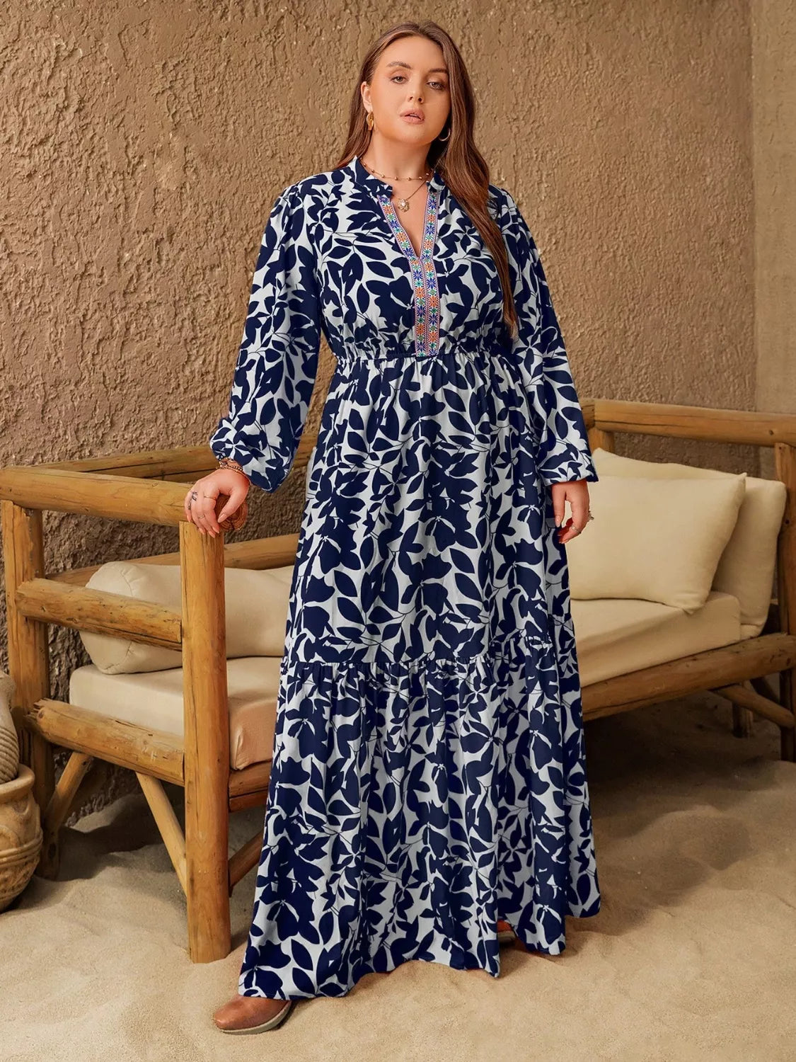 Hazel Blues® | Floral Print Notched Long Sleeve Maxi Dress