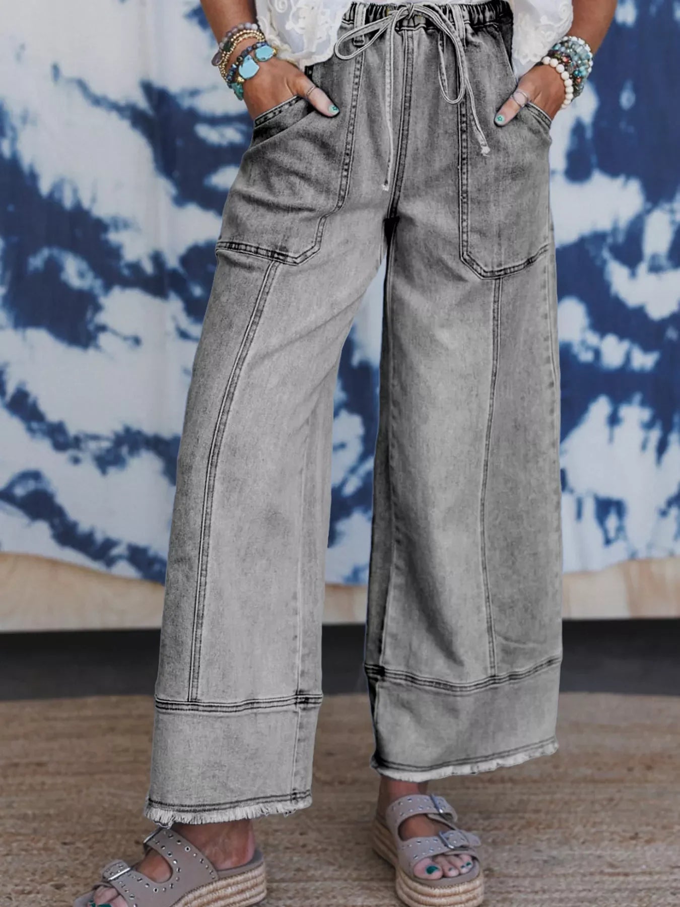 Hazel Blues® | Wide Leg Drawstring Raw Hem Jeans
