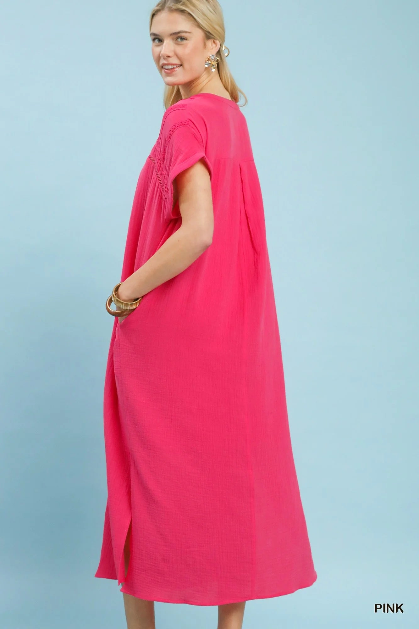 Hazel Blues® | Umgee Button-Front Gauze Midi Dress with Lace Detail