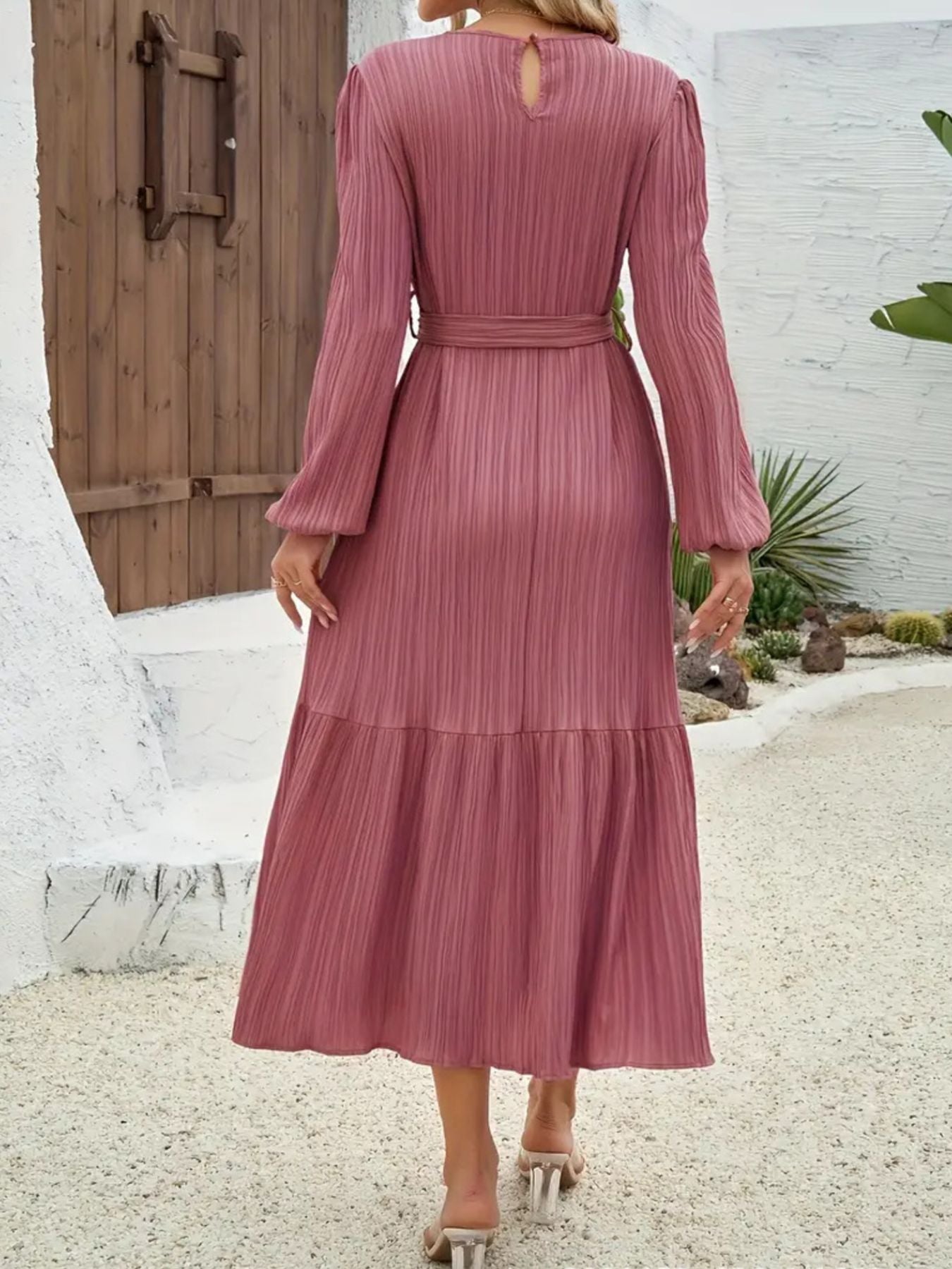 Hazel Blues® | Tie Waist Tiered Midi Dress