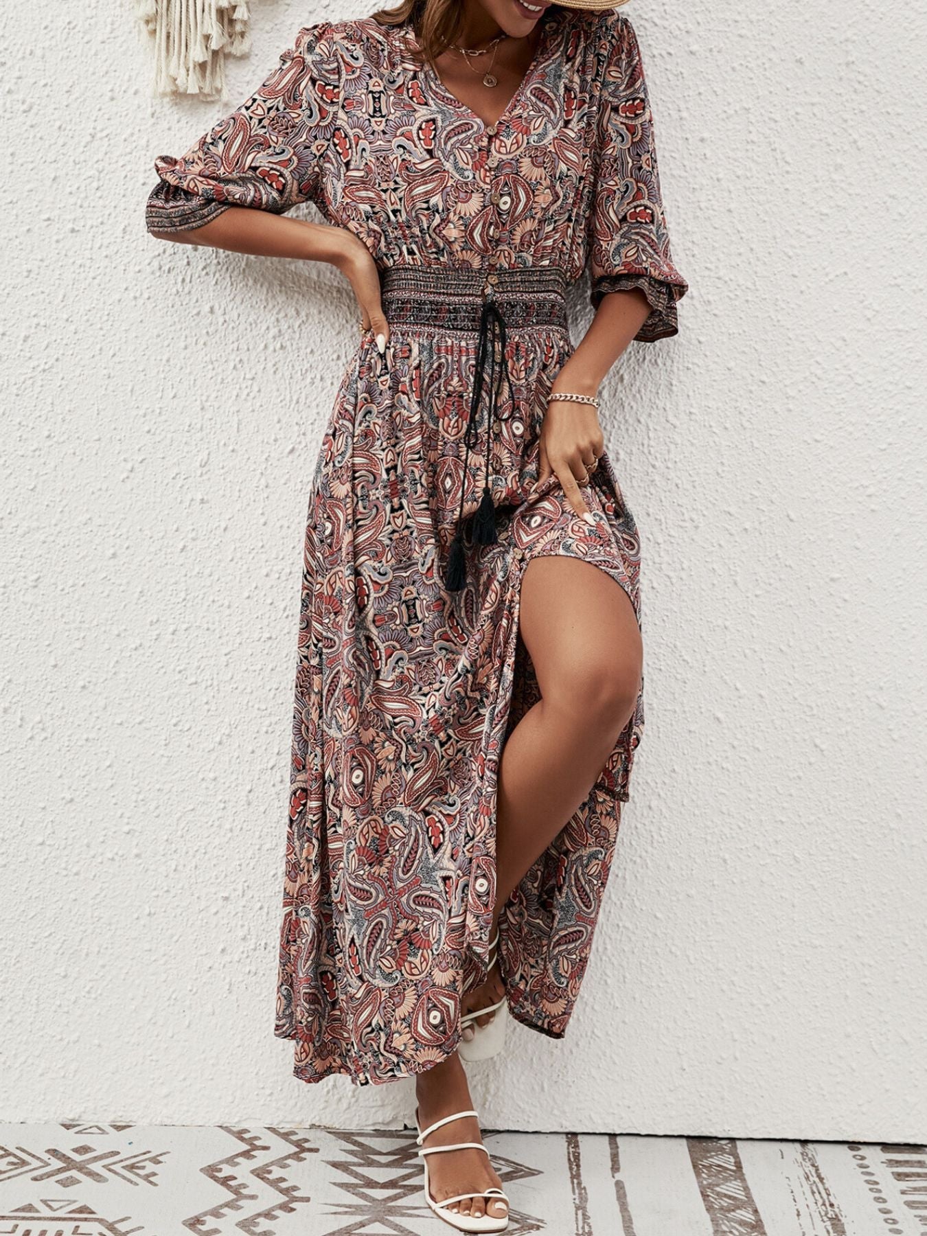 Hazel Blues® | Paisley Print Half Sleeve Slit Midi Dress