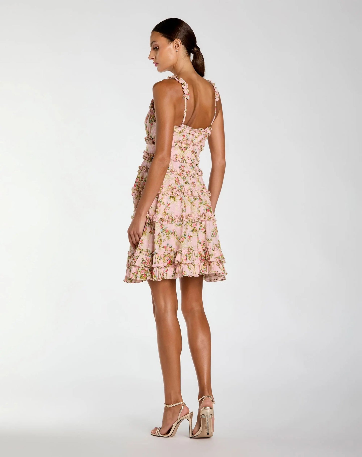 Pink Floral Square Neck Ruffled Cotton Mini Dress