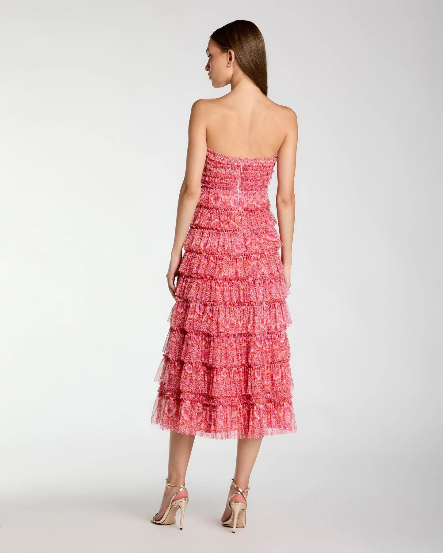 Pink Floral Strapless Ruffle Midi Dress