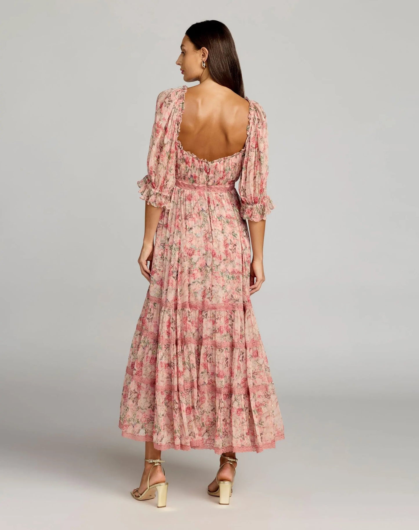 Pink Floral Scoop Neck Midi Dress With 3/4 Sleeves
