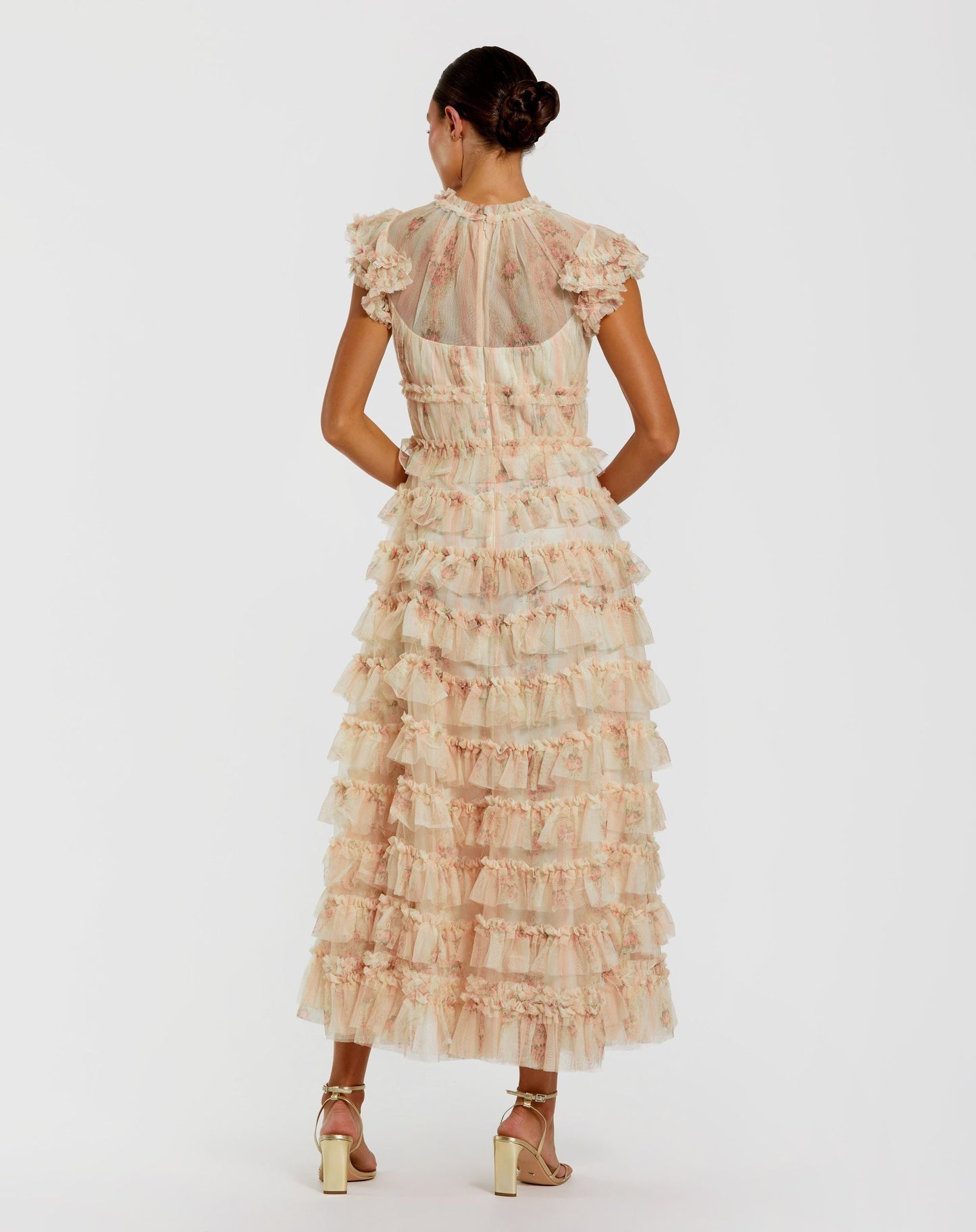 Pink Cap Sleeve Micro Ruffle Floral Midi Dress