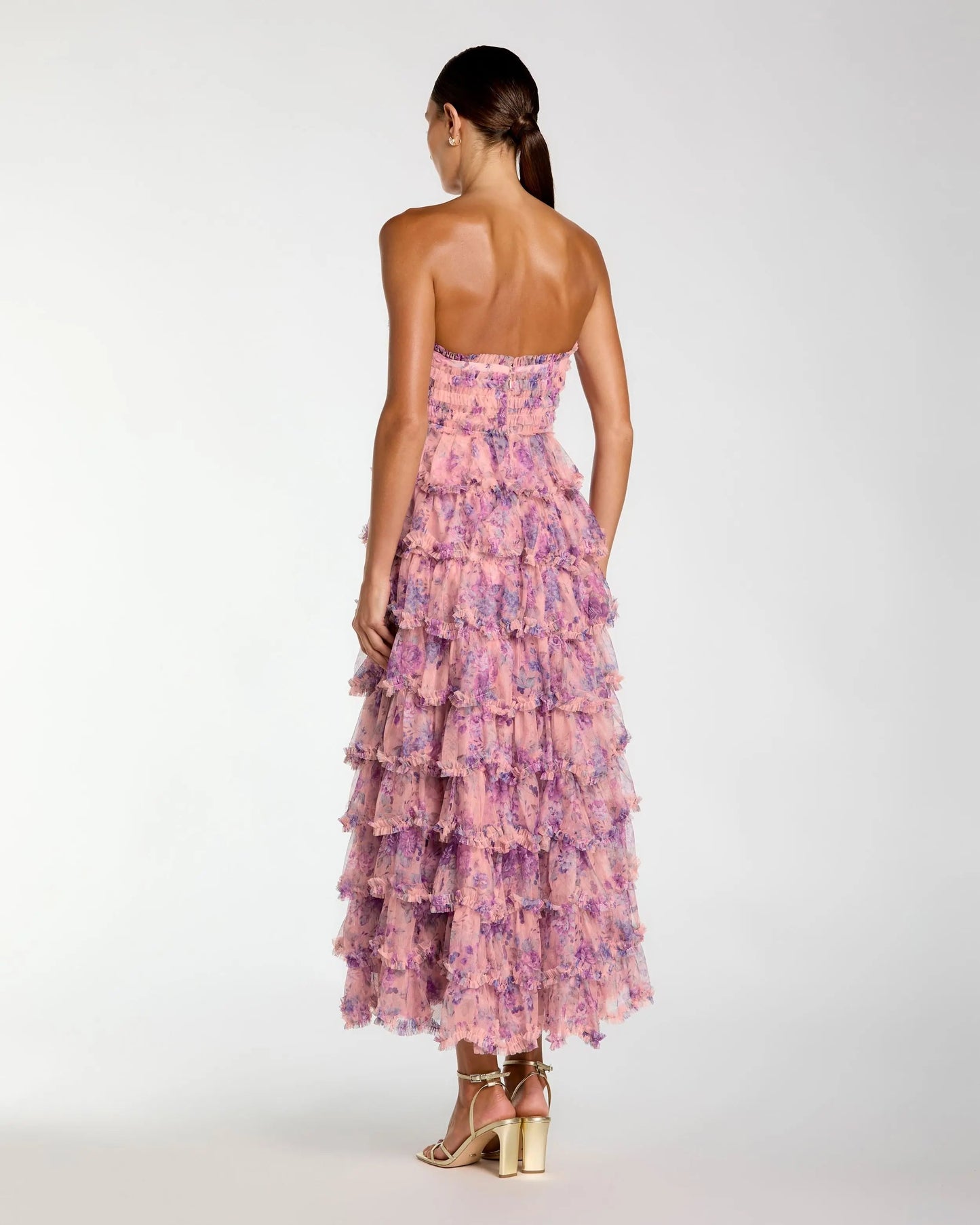 Pink Floral Ruffle Tiered Strapless Midi Dress