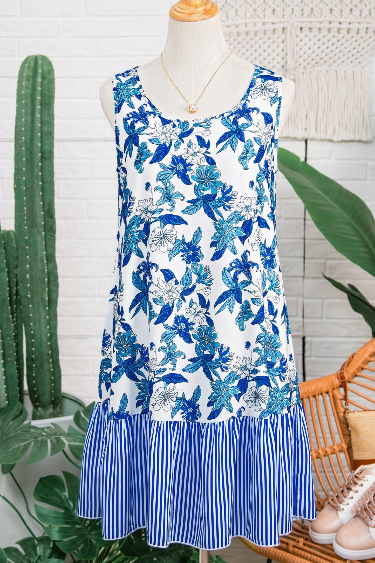 Hazel Blues® | Sky Blue Floral Print U Neck Sleeveless Striped Ruffle Hem Patchwork Dress