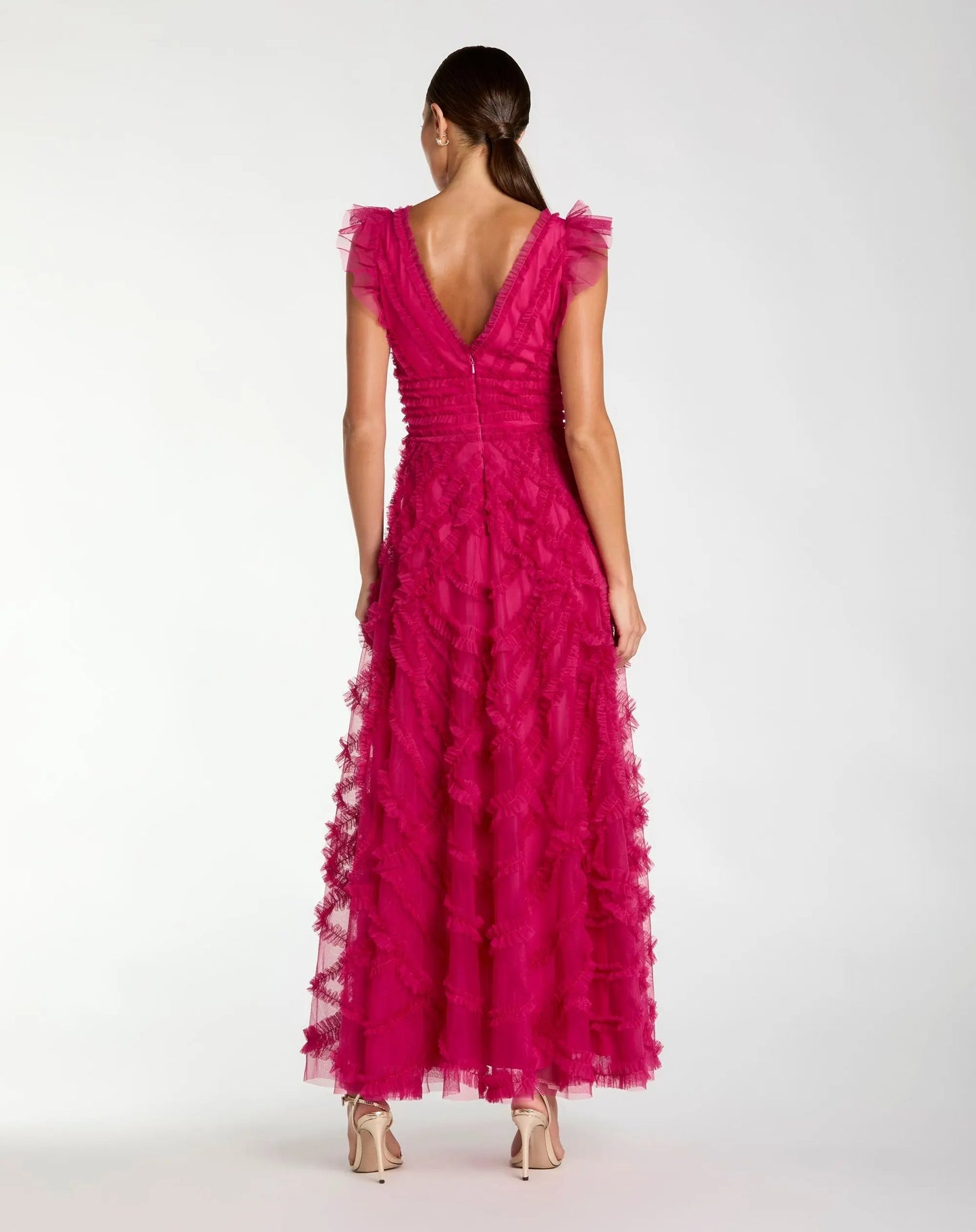 Pink V-Neck Cap Sleeve Ruffle Maxi Dress