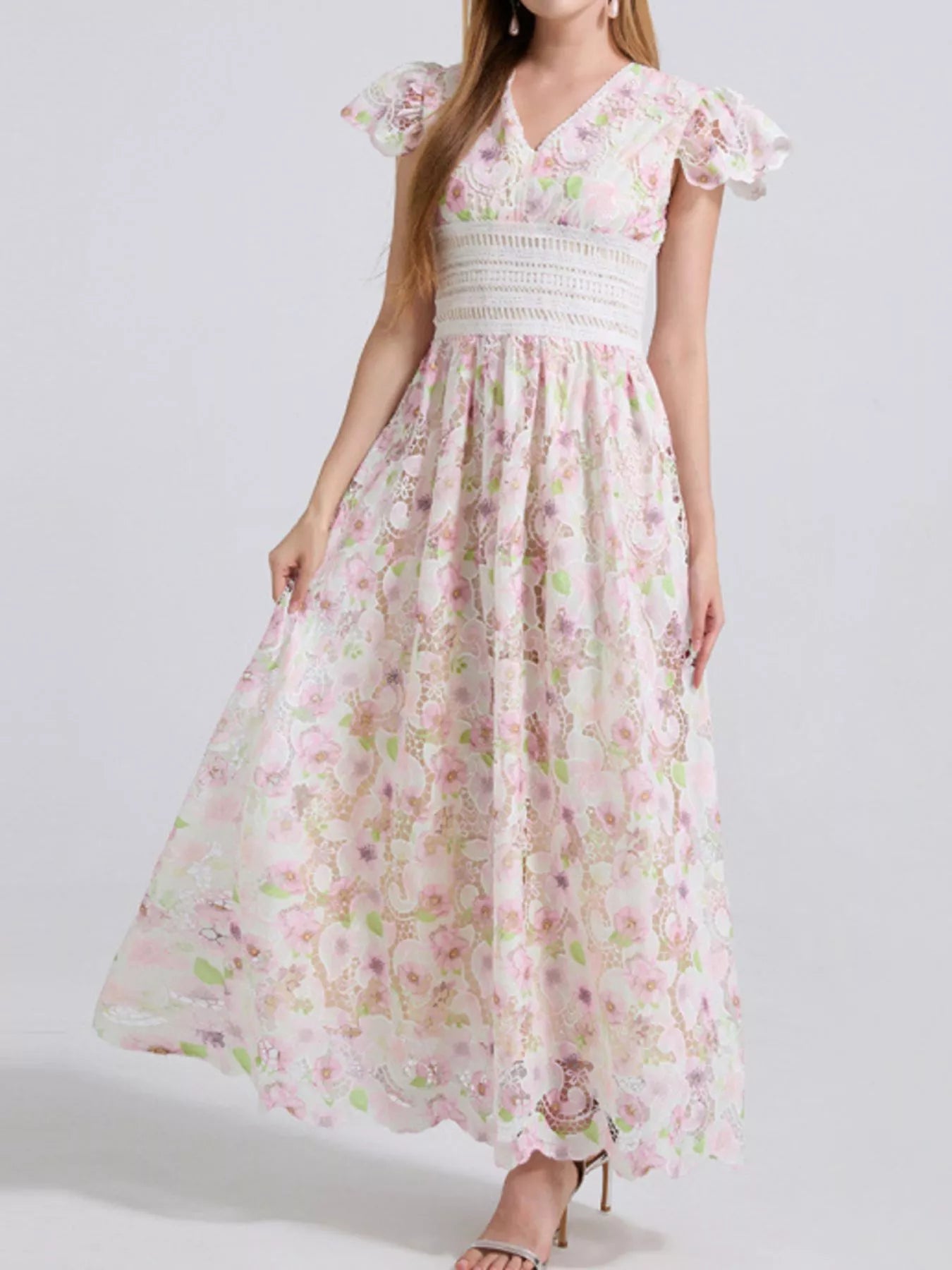 Hazel Blues® | Printed V-Neck Ruffle Sleeve Midi Dress